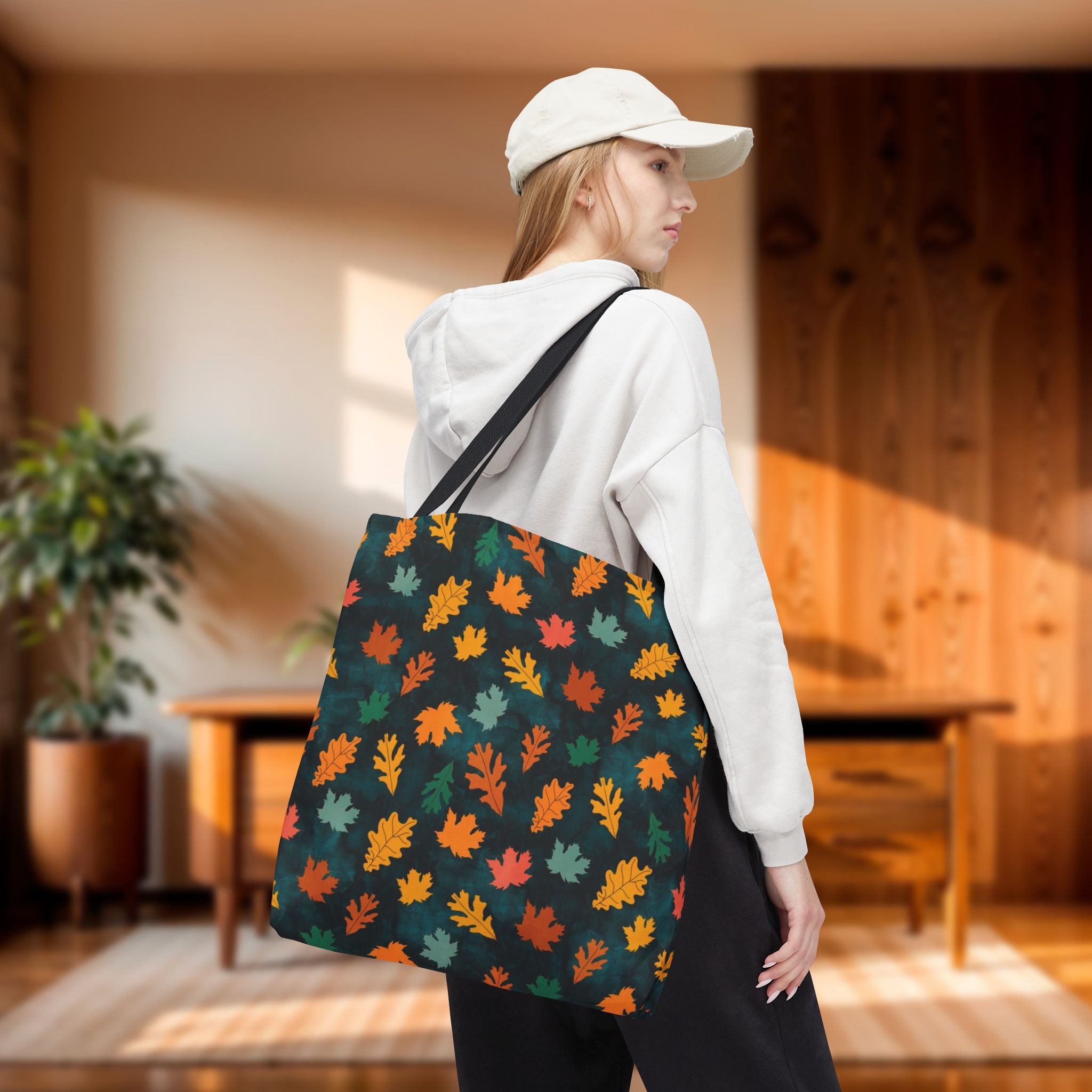 Teal Fall Leaves Tote Bag | Autumn Leaf Pattern
