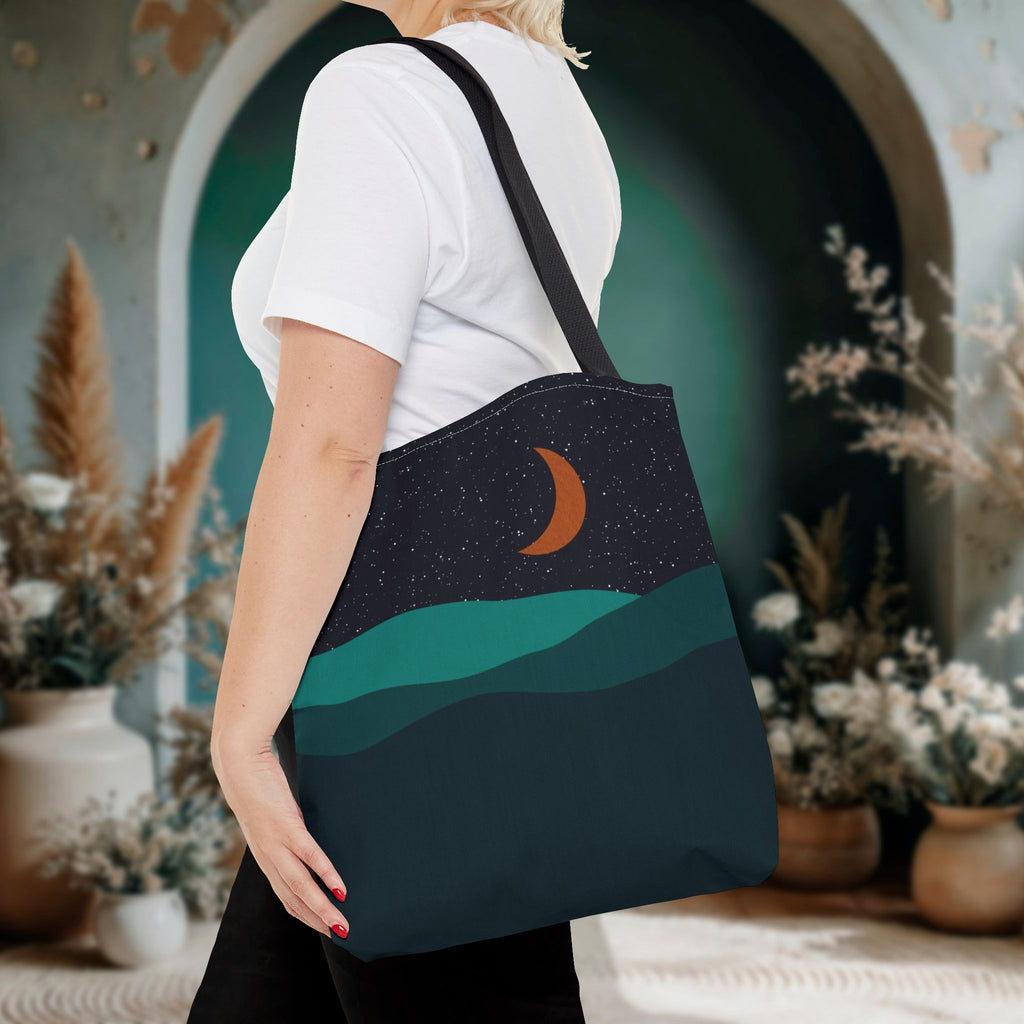 Mountain Desert Crescent Moon Tote Bag | Orange and Teal
