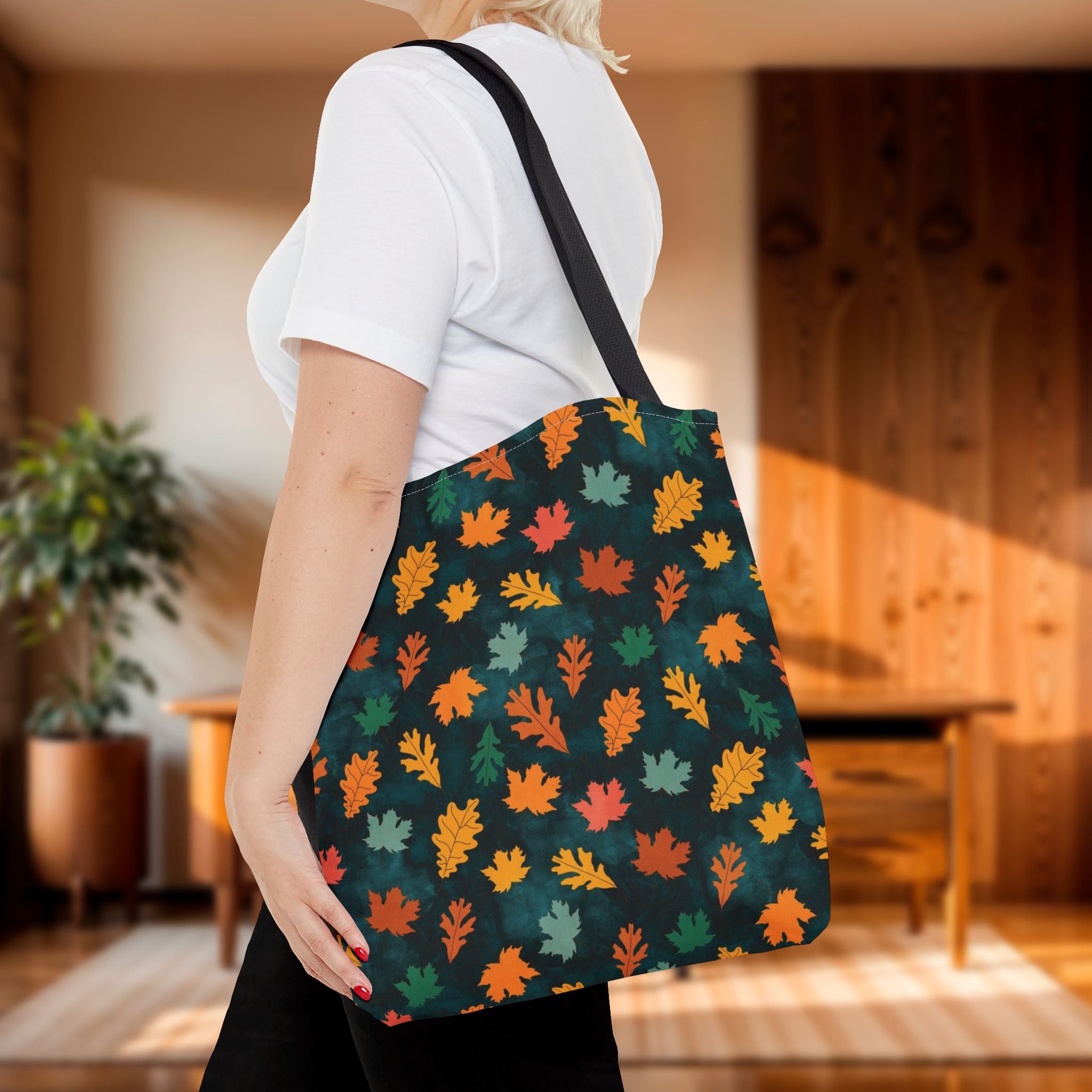 Teal Fall Leaves Tote Bag | Autumn Leaf Pattern