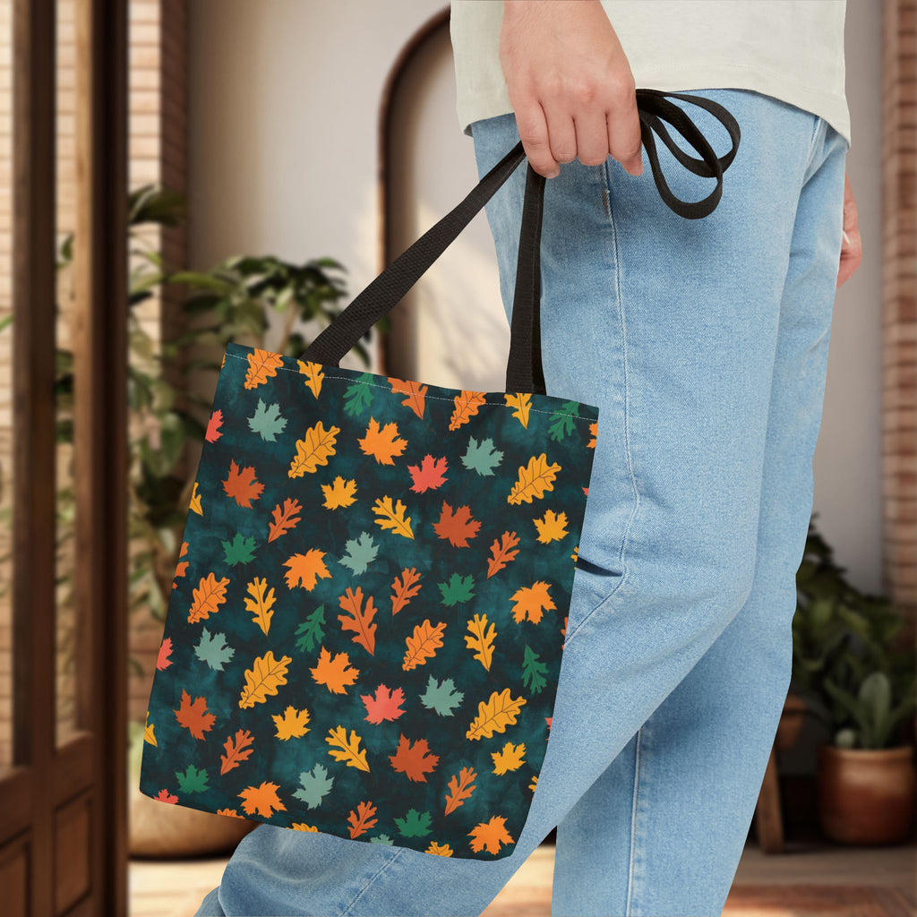 Teal Fall Leaves Tote Bag | Autumn Leaf Pattern