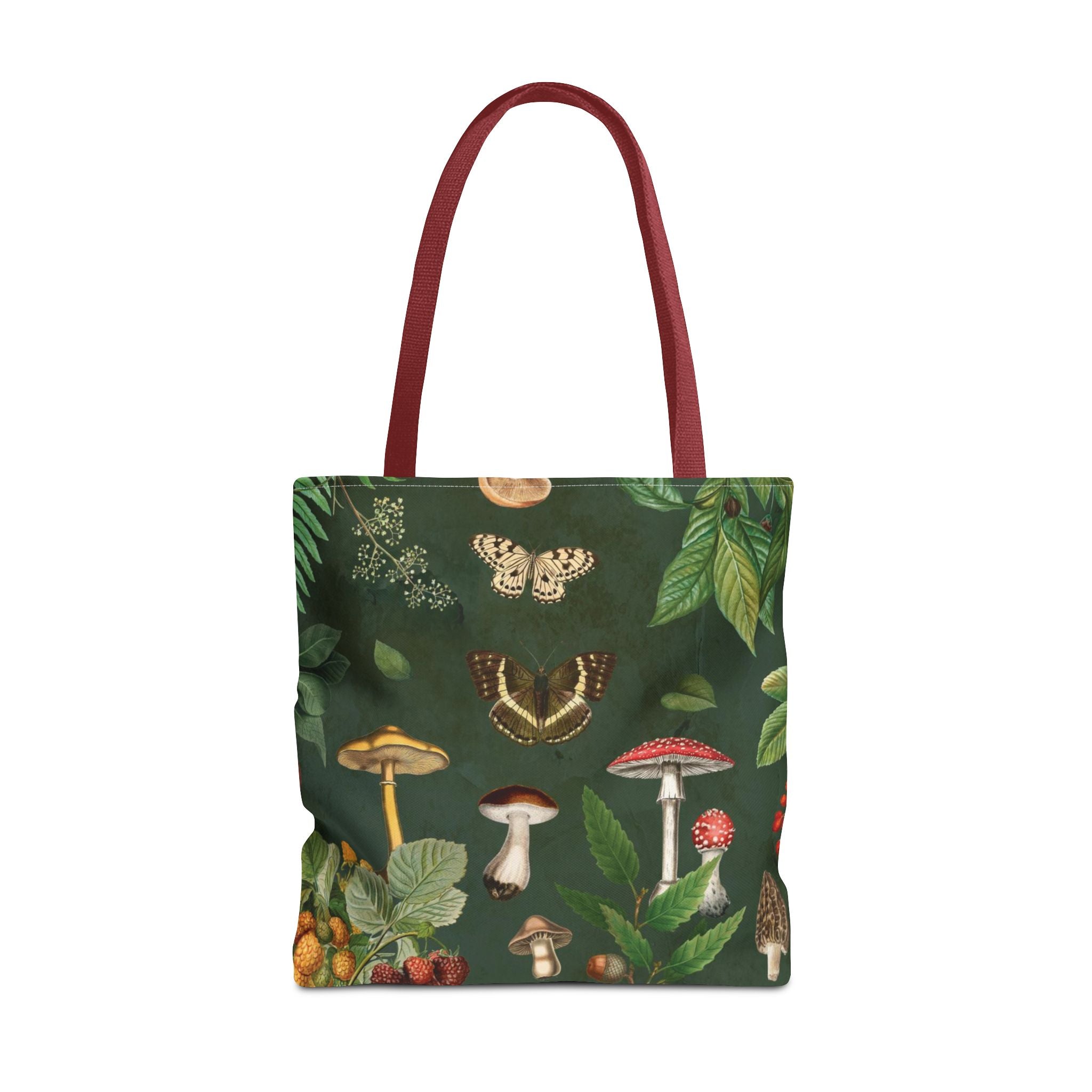 Cottagecore Mushroom Tote Bag | Butterflies, Moths & Berries on Dark Green