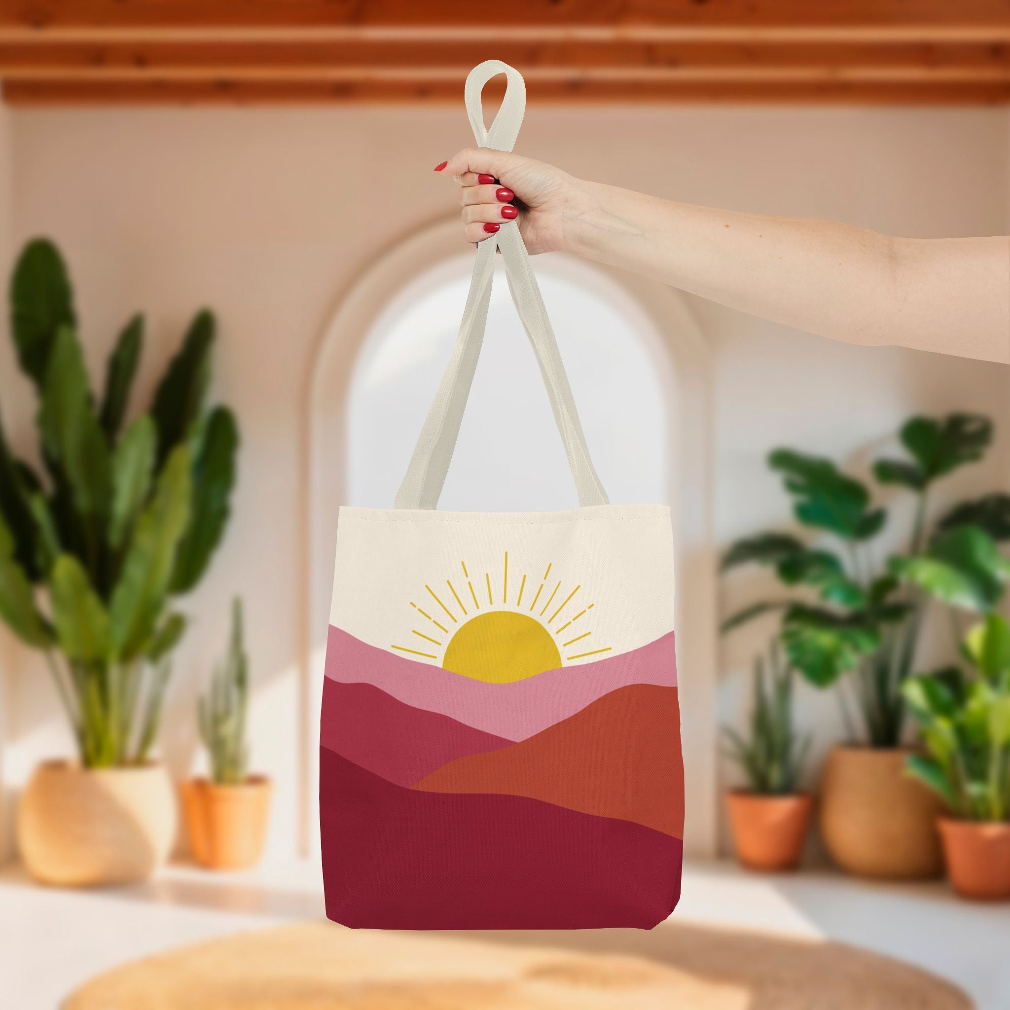 Boho Mountain Sunrise Tote Bag | Abstract Pink & Yellow