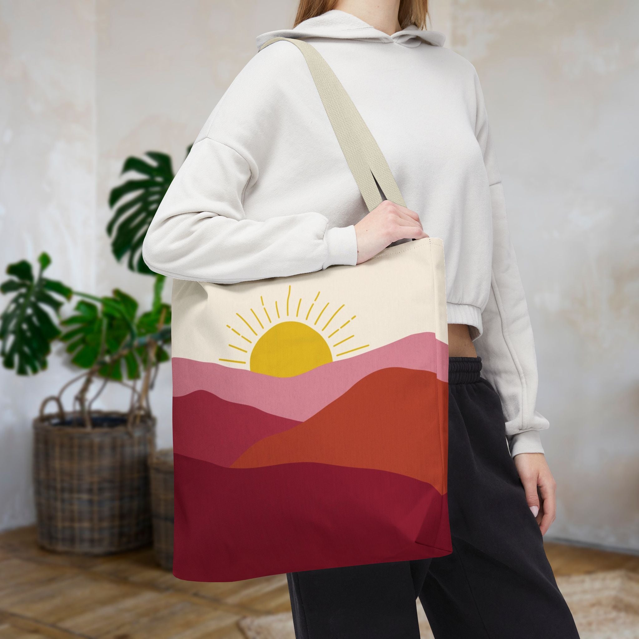Boho Mountain Sunrise Tote Bag — Abstract Pink & Yellow