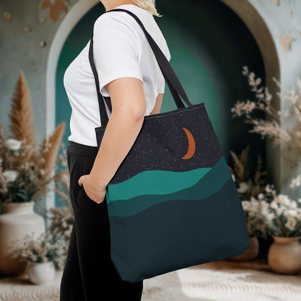 Mountain Desert Crescent Moon Tote Bag | Orange and Teal