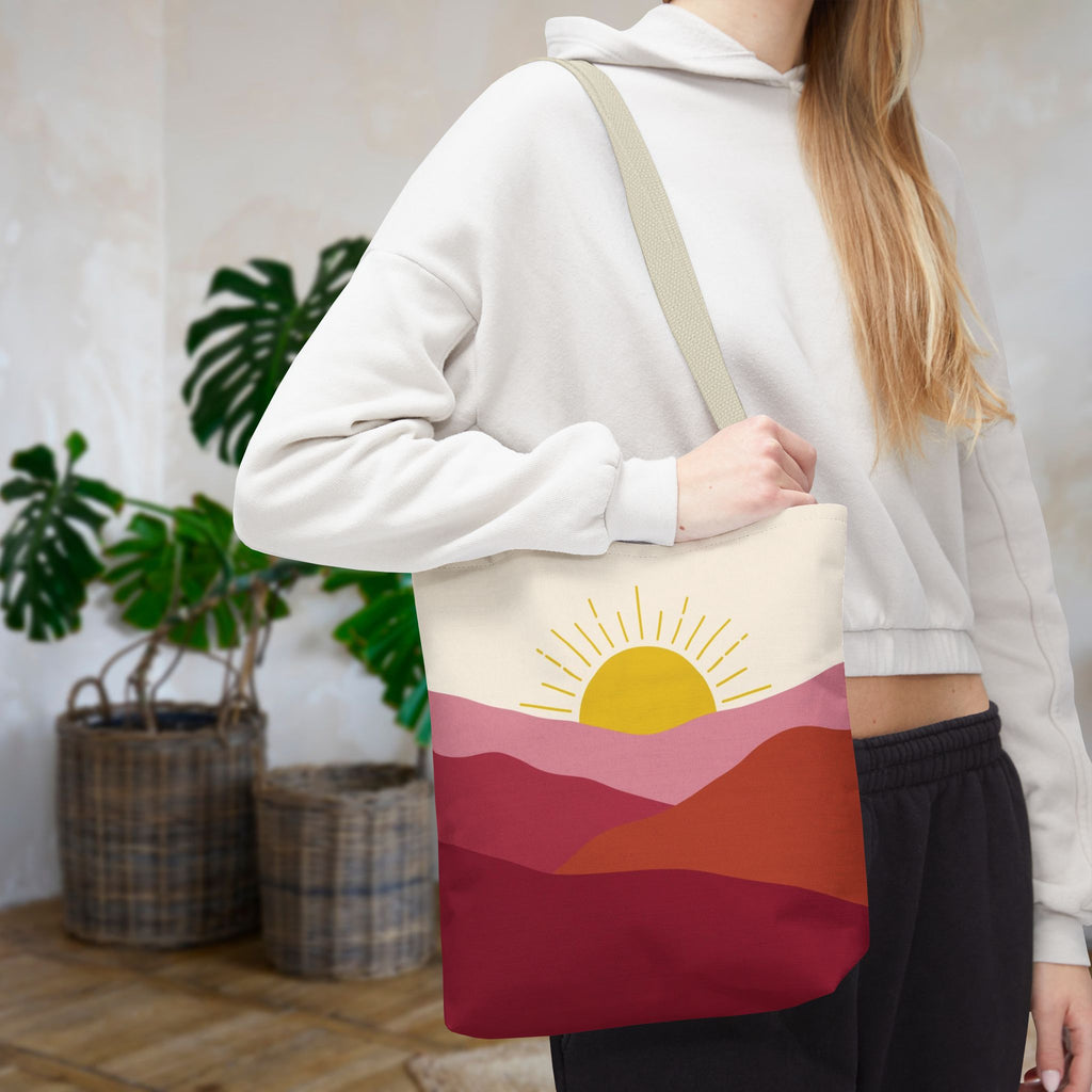 Boho Mountain Sunrise Tote Bag | Abstract Pink & Yellow