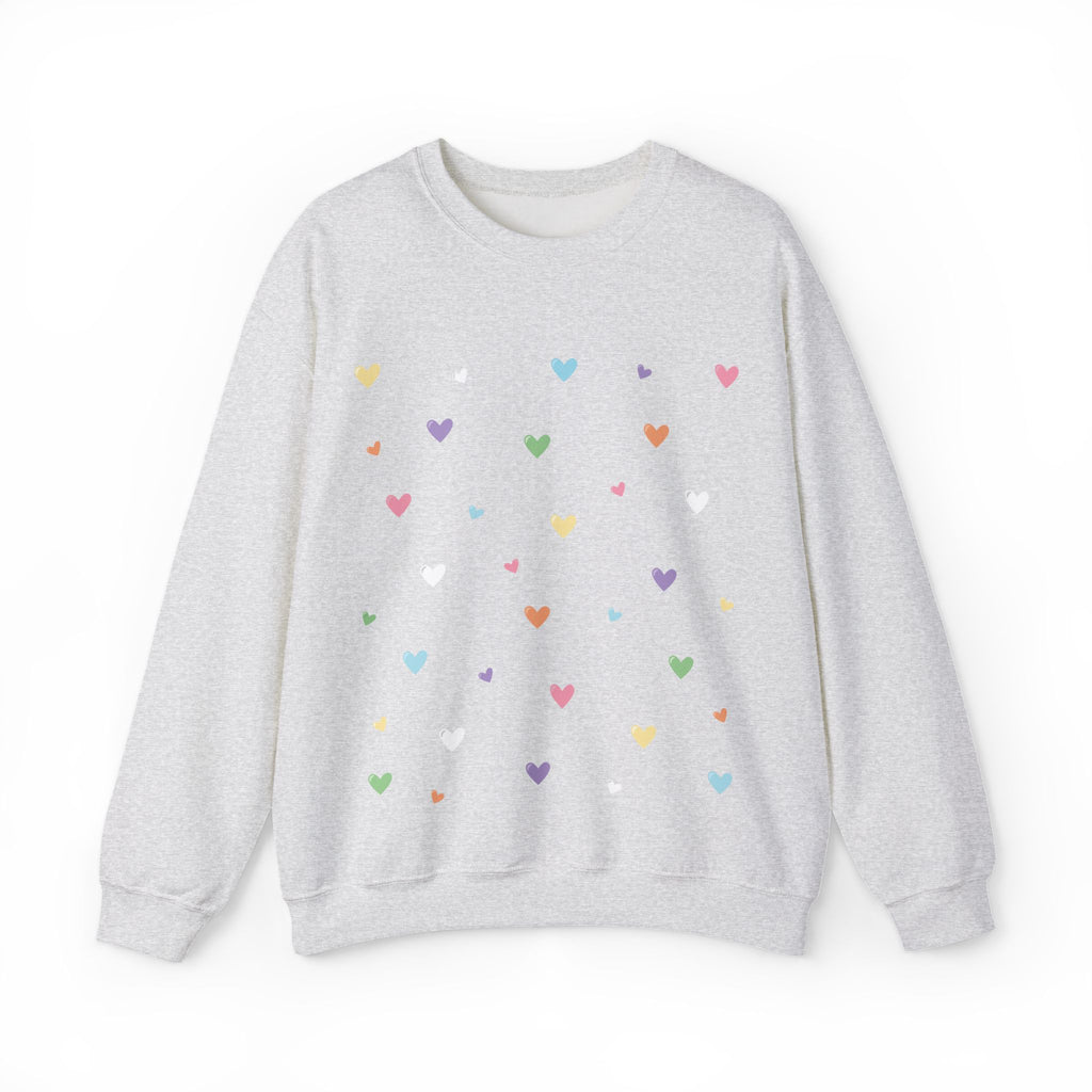 Ash Gray sweatshirt with colorful heart patterns on a white background