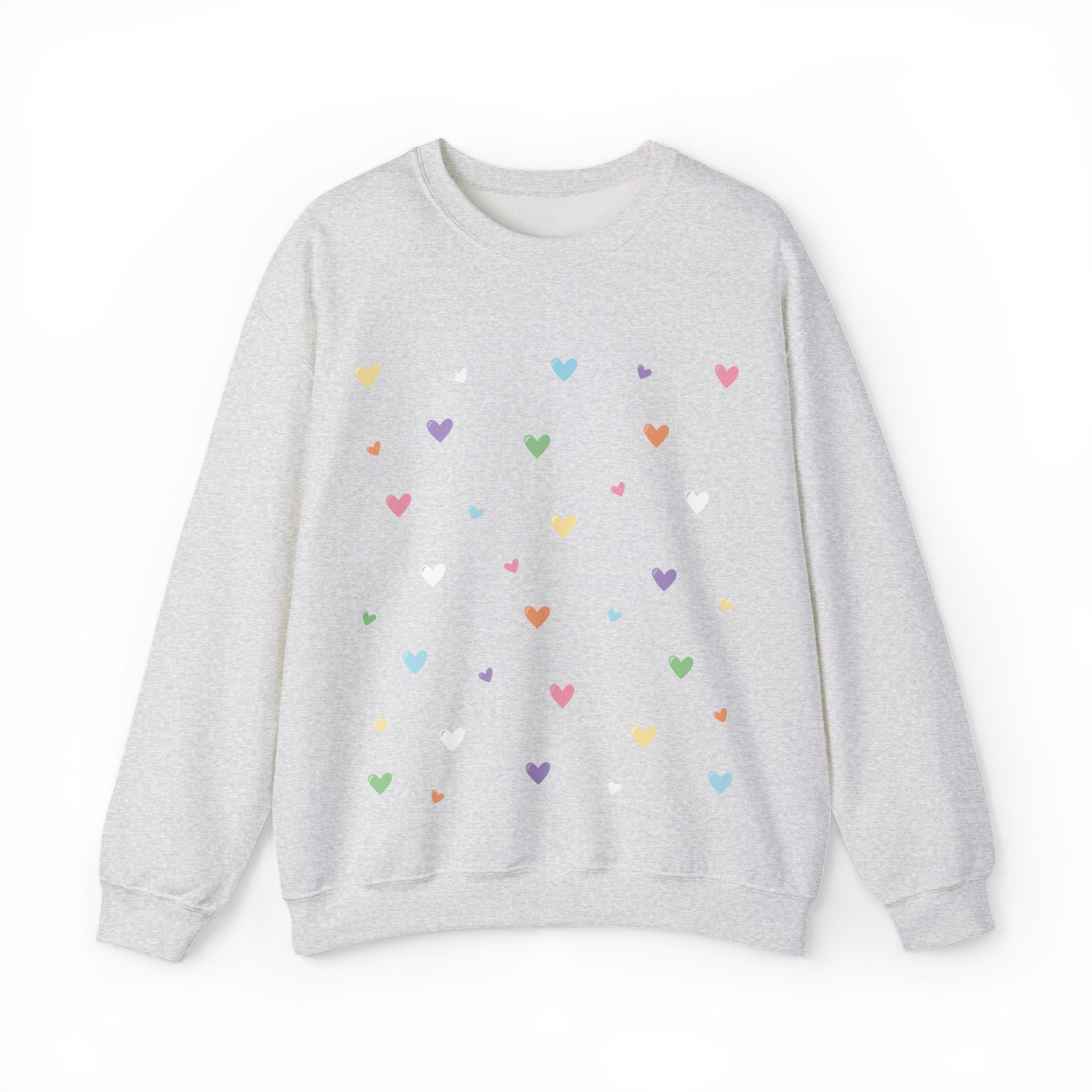 Ash Gray sweatshirt with colorful heart patterns on a white background