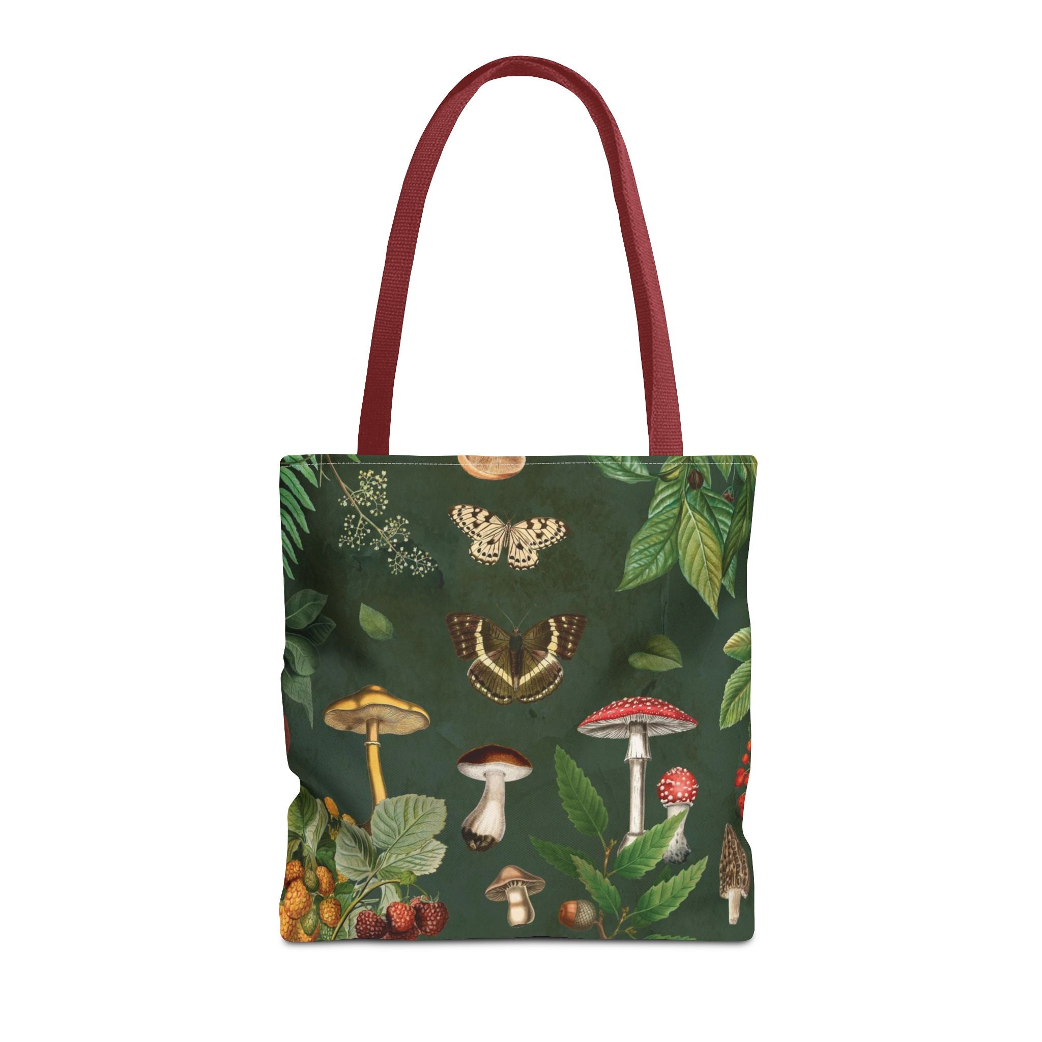 Cottagecore Mushroom Tote Bag | Butterflies, Moths & Berries on Dark Green