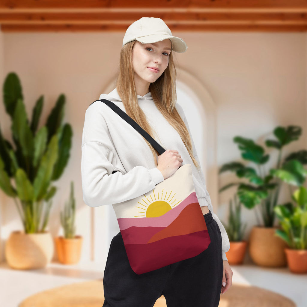 Boho Mountain Sunrise Tote Bag | Abstract Pink & Yellow