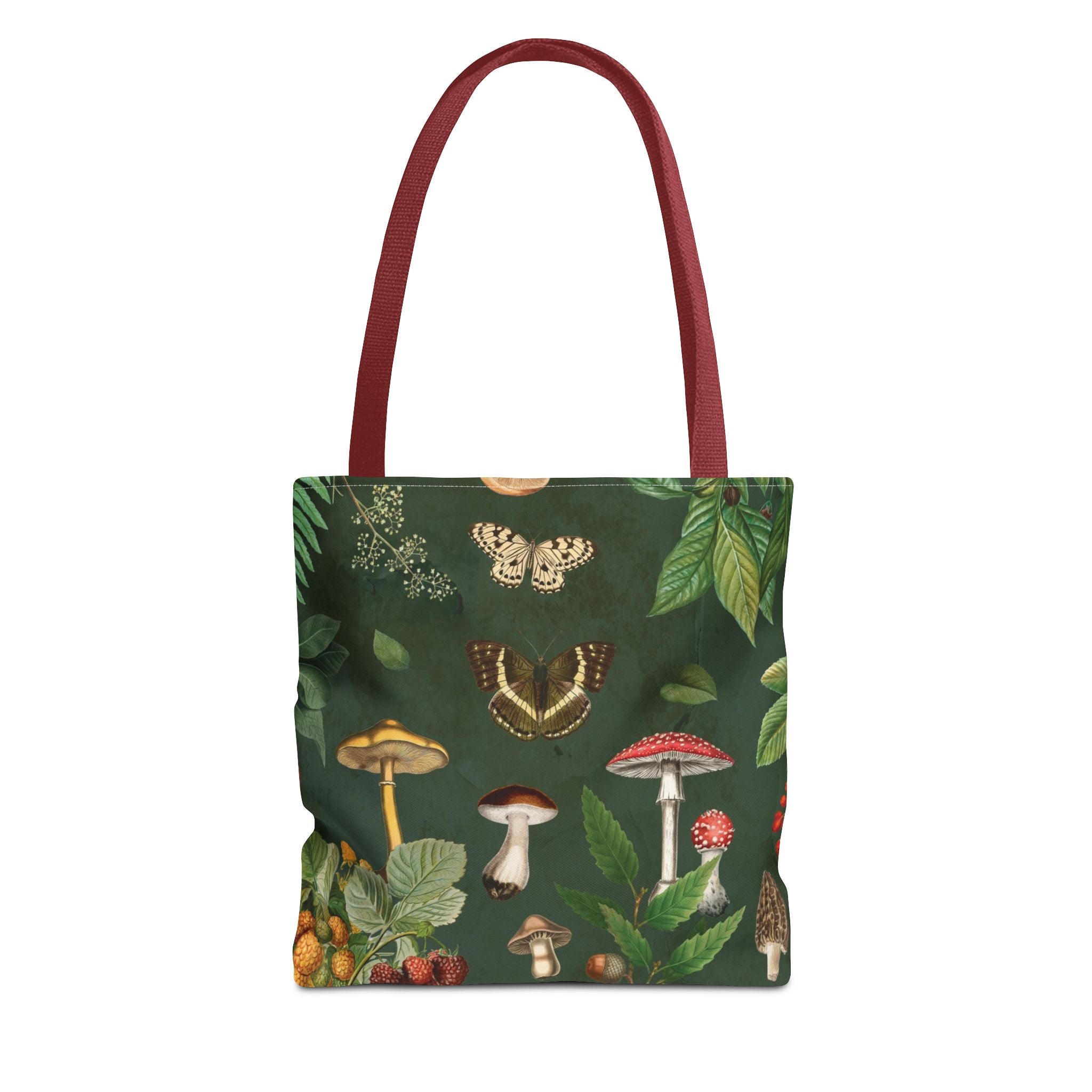 Cottagecore Mushroom Tote Bag | Butterflies, Moths & Berries on Dark Green