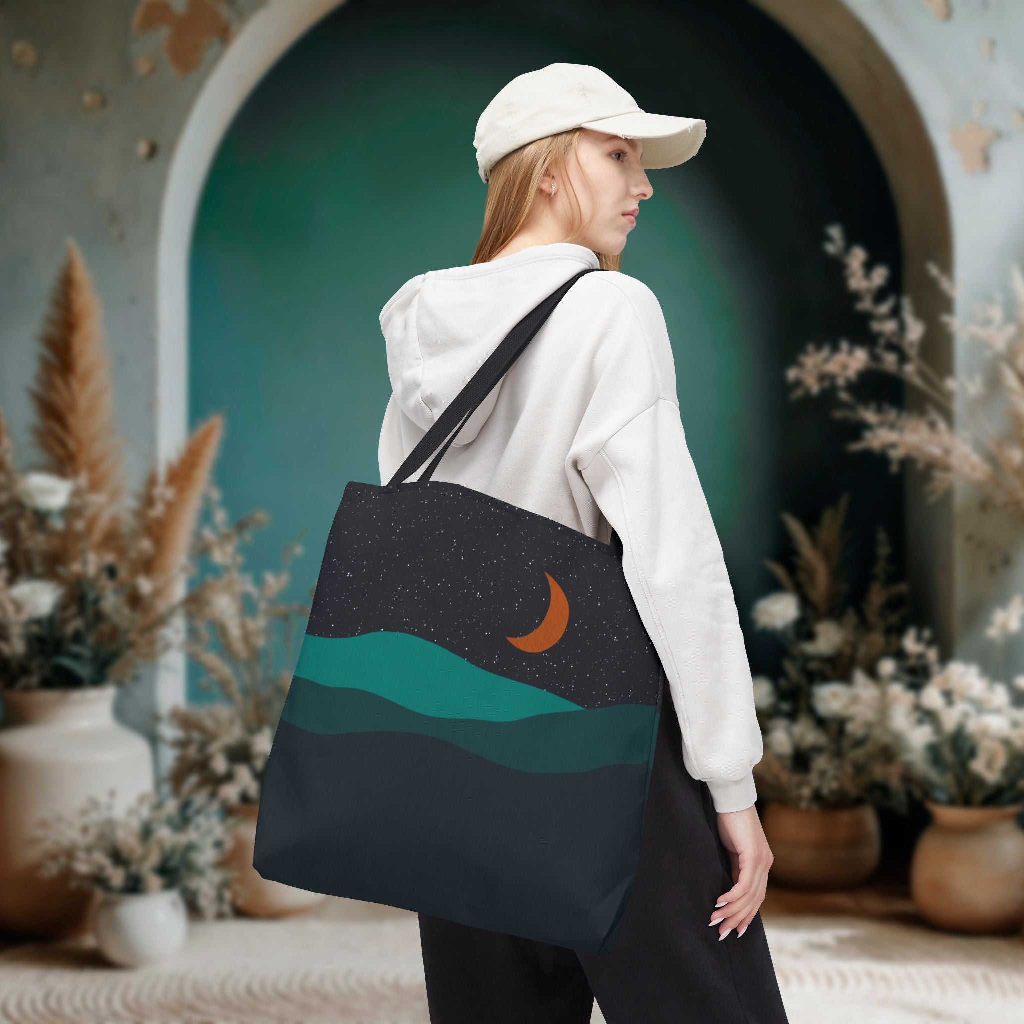 Mountain Desert Crescent Moon Tote Bag | Orange and Teal