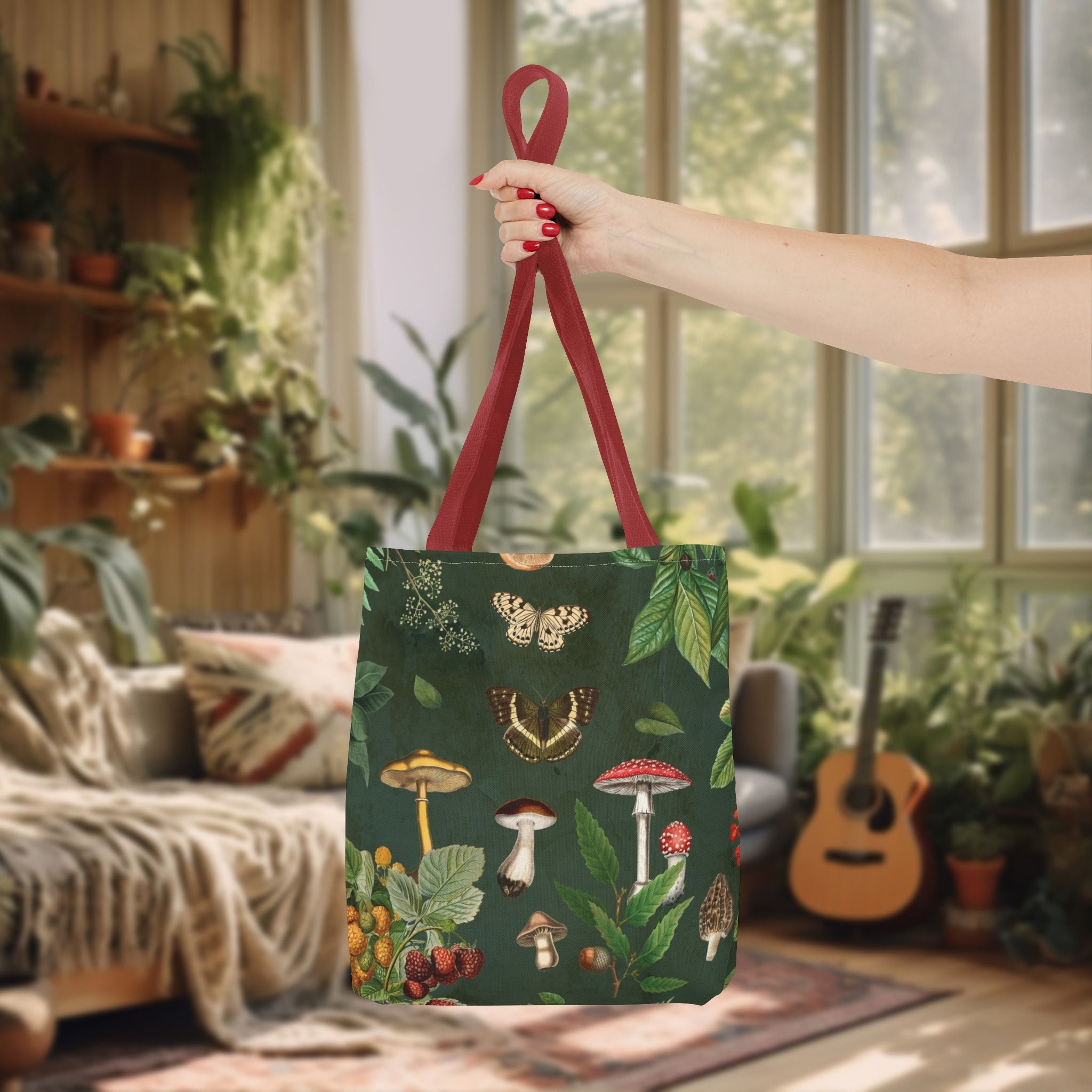 Cottagecore Mushroom Tote Bag | Butterflies, Moths & Berries on Dark Green