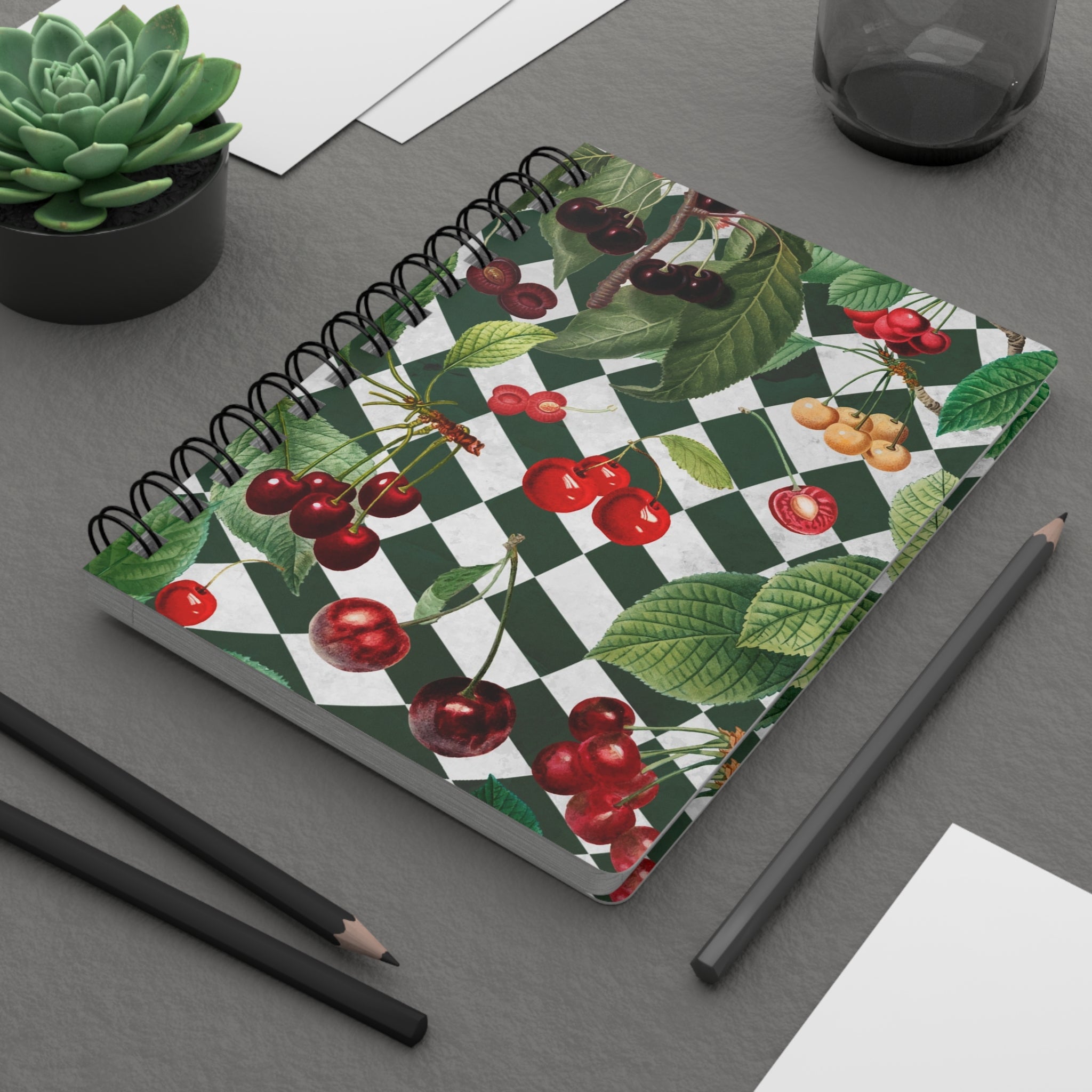Cherry Green Checkered Spiral Laminated Journal Notebook
