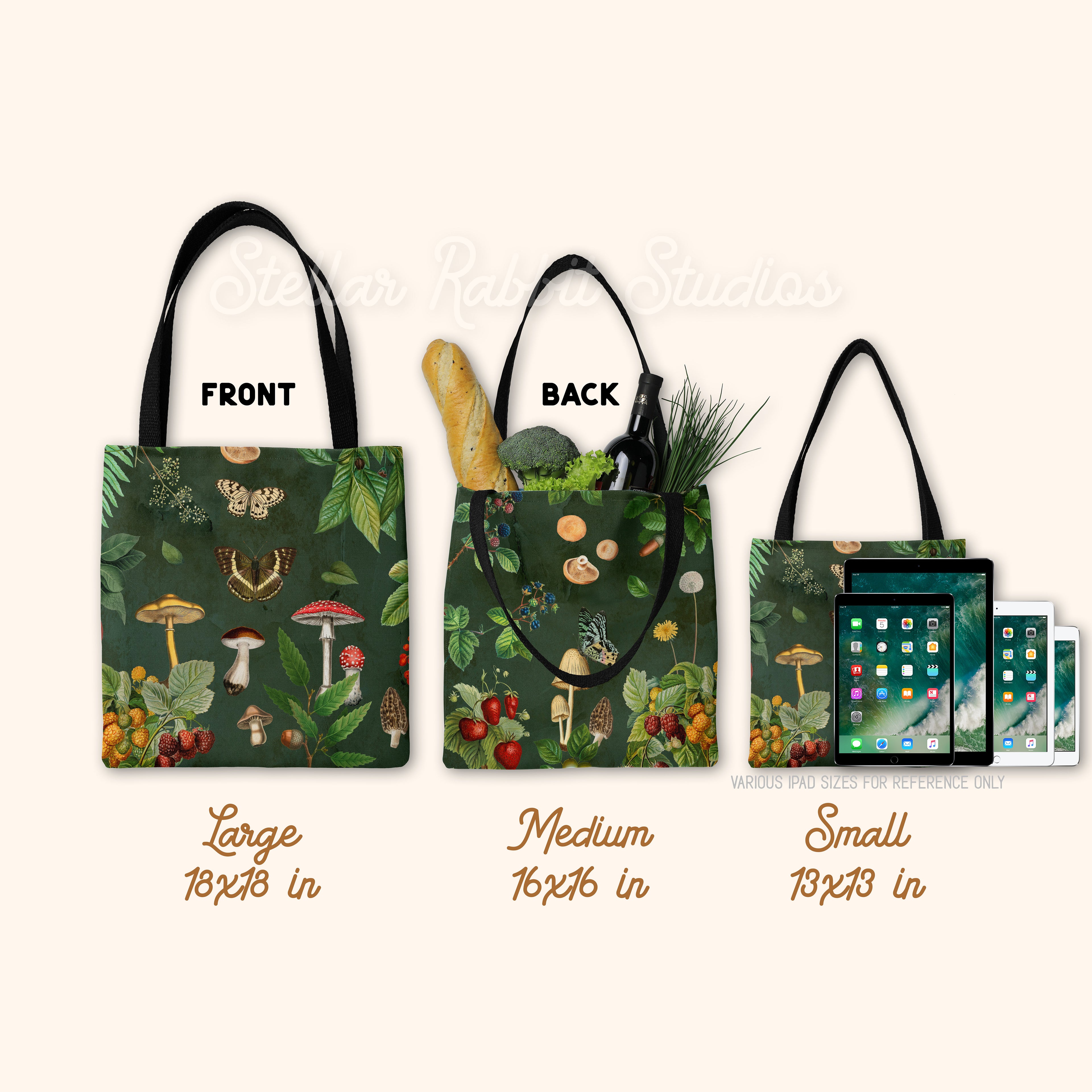 Cottagecore Mushroom Tote Bag | Butterflies, Moths & Berries on Dark Green