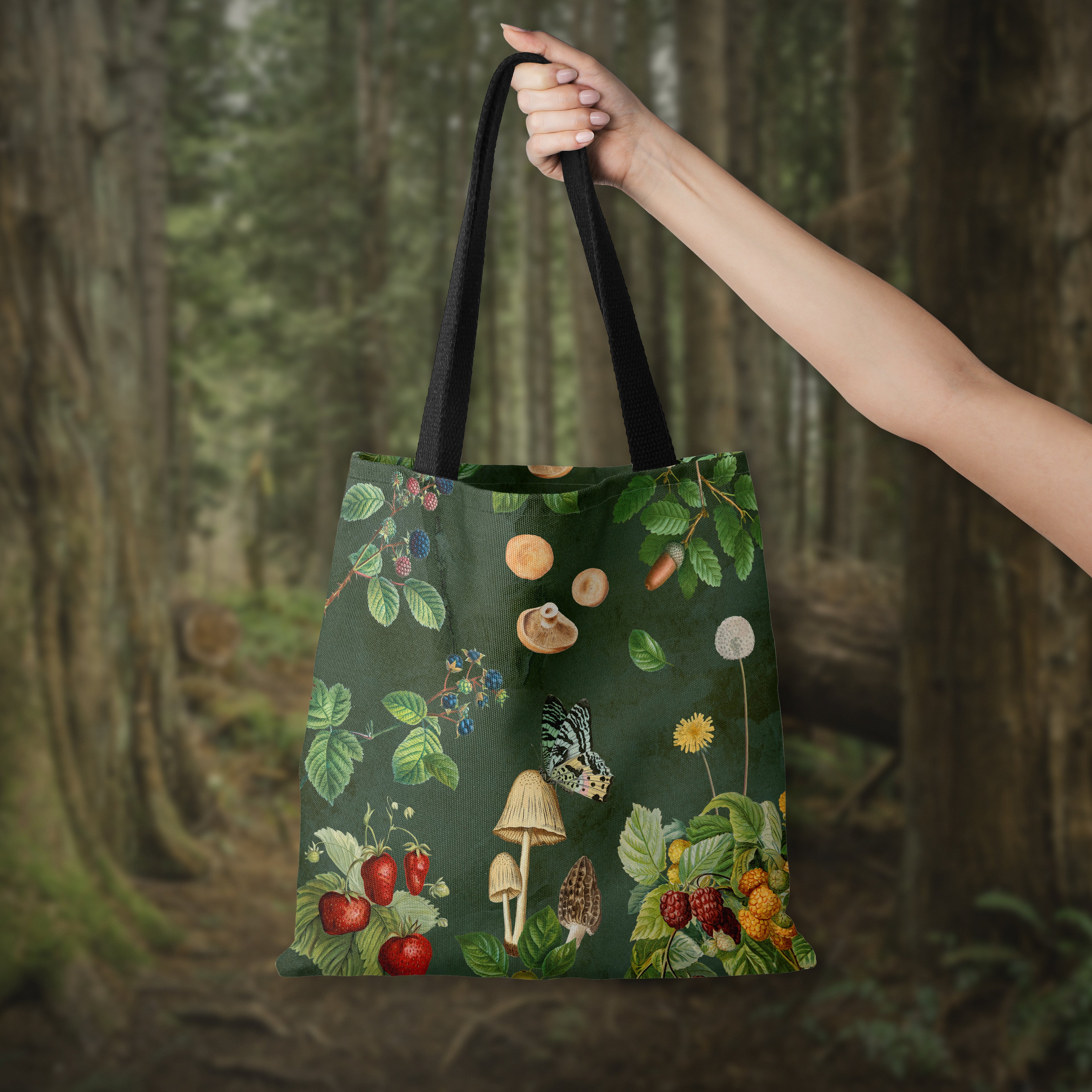 Cottagecore Mushroom Tote Bag | Butterflies, Moths & Berries on Dark Green