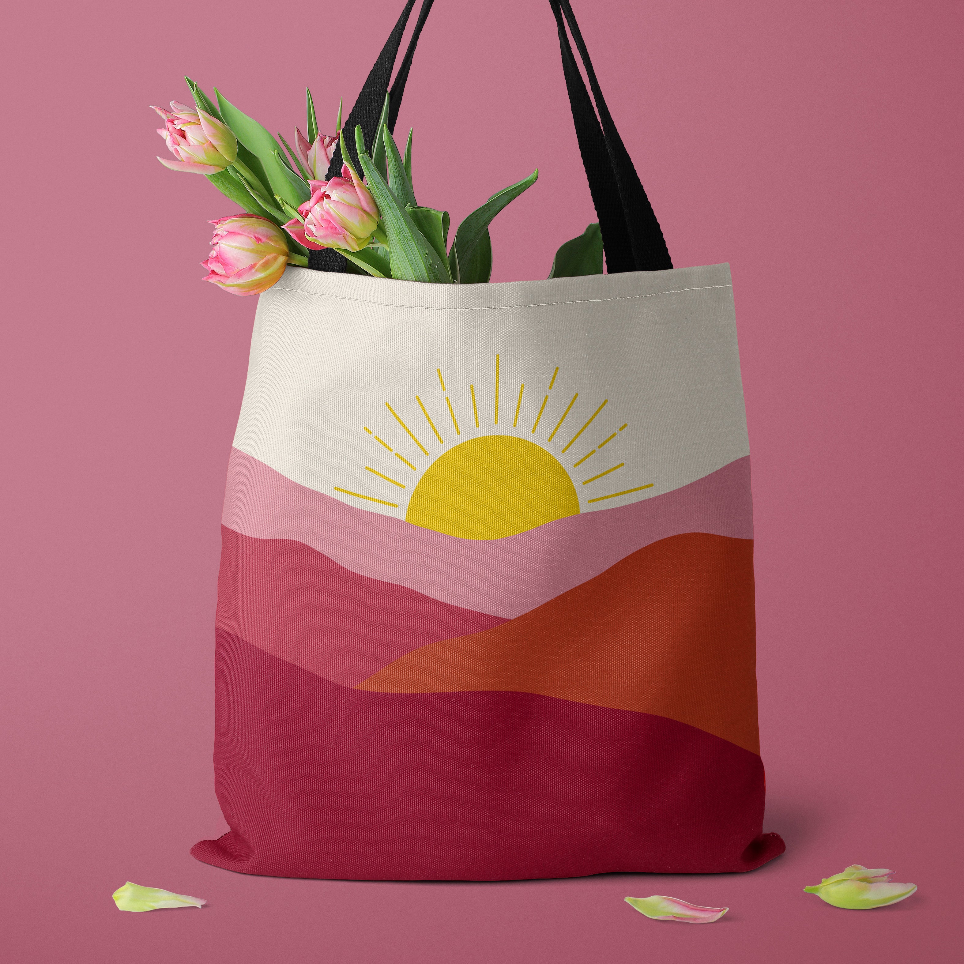 Boho Mountain Sunrise Tote Bag — Abstract Pink & Yellow