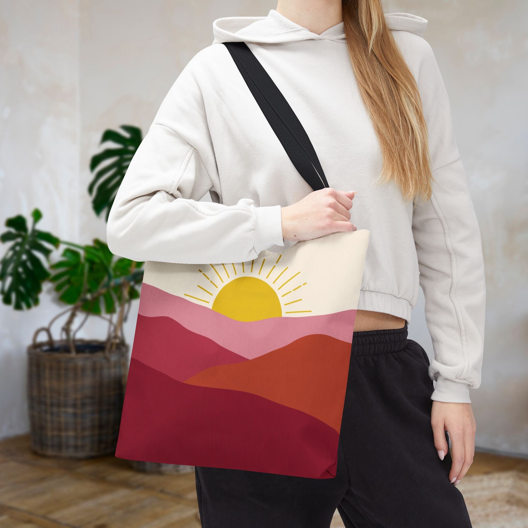 Boho Mountain Sunrise Tote Bag | Abstract Pink & Yellow