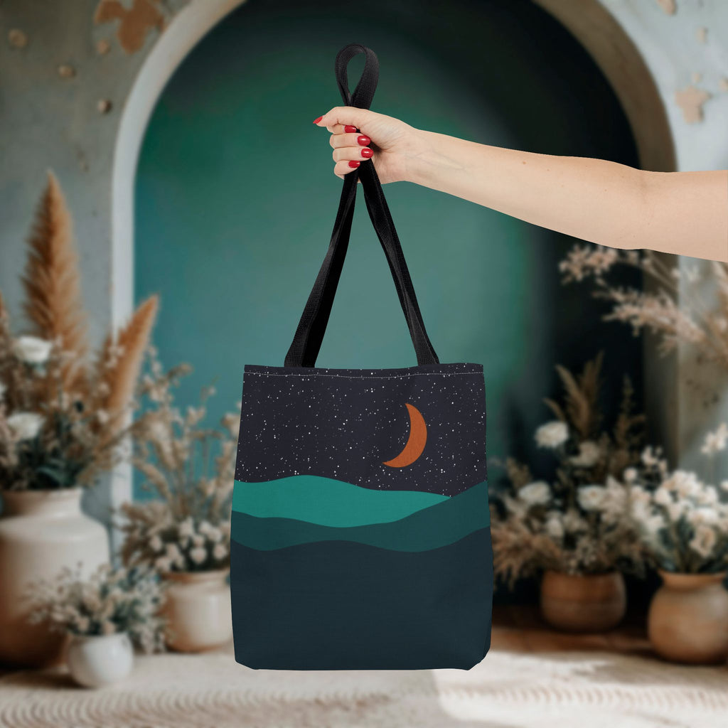Mountain Desert Crescent Moon Tote Bag | Orange and Teal