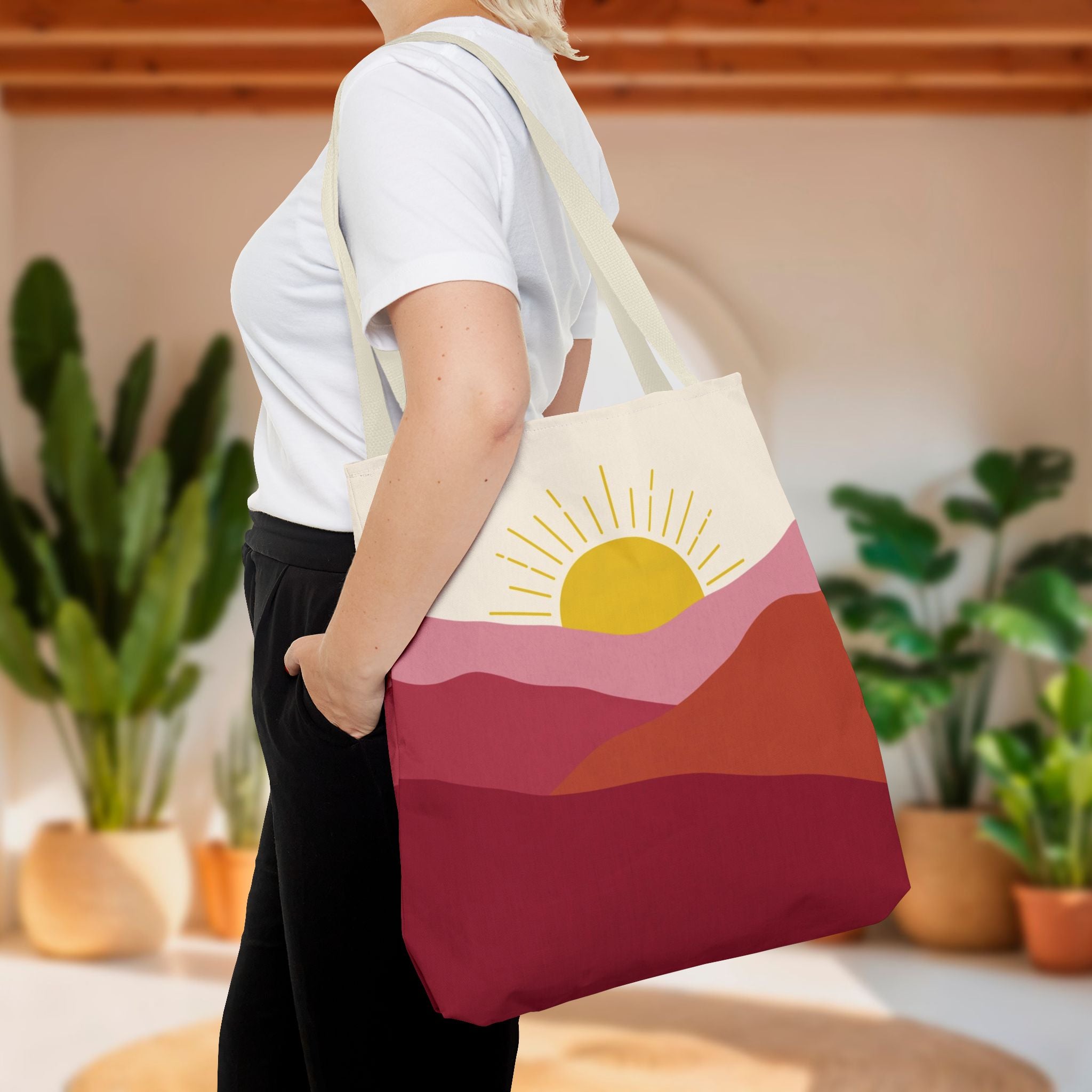 Boho Mountain Sunrise Tote Bag | Abstract Pink & Yellow