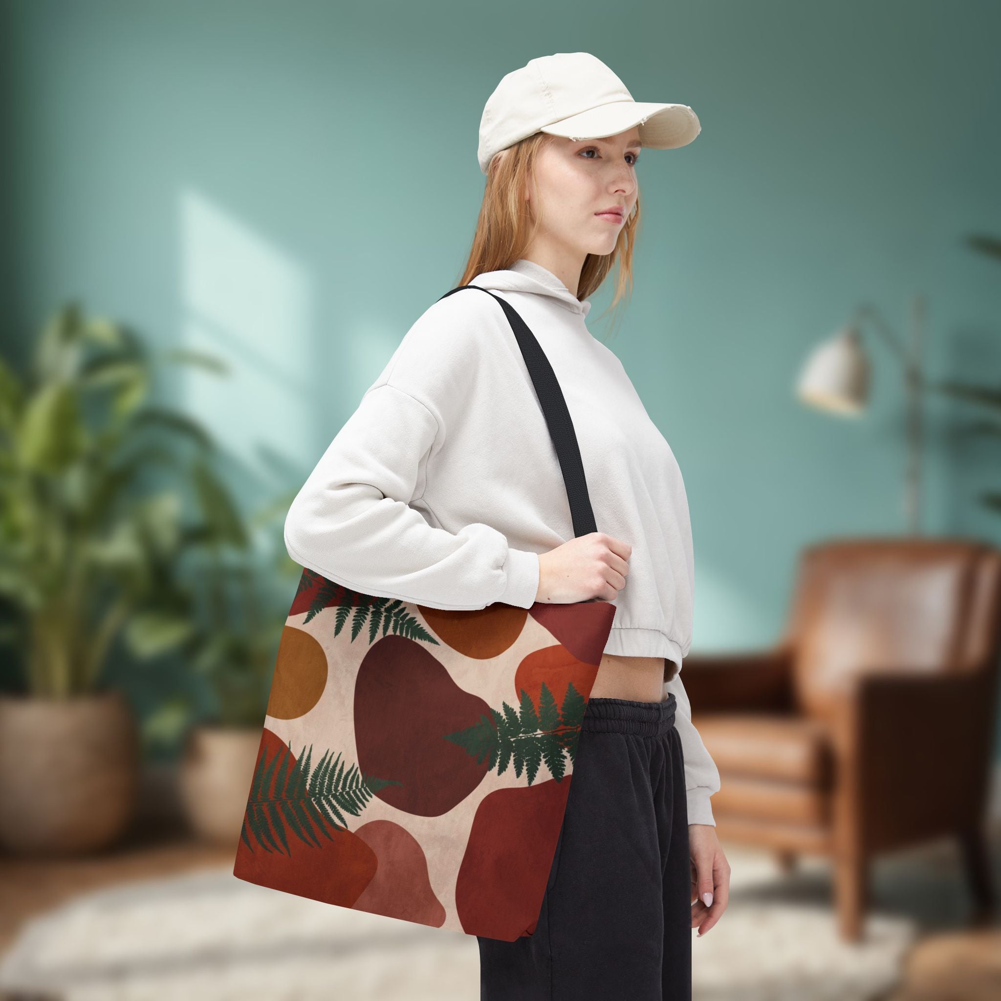 Geometric Fern Tote Bag | Burgundy Rust Mustard Burnt Orange