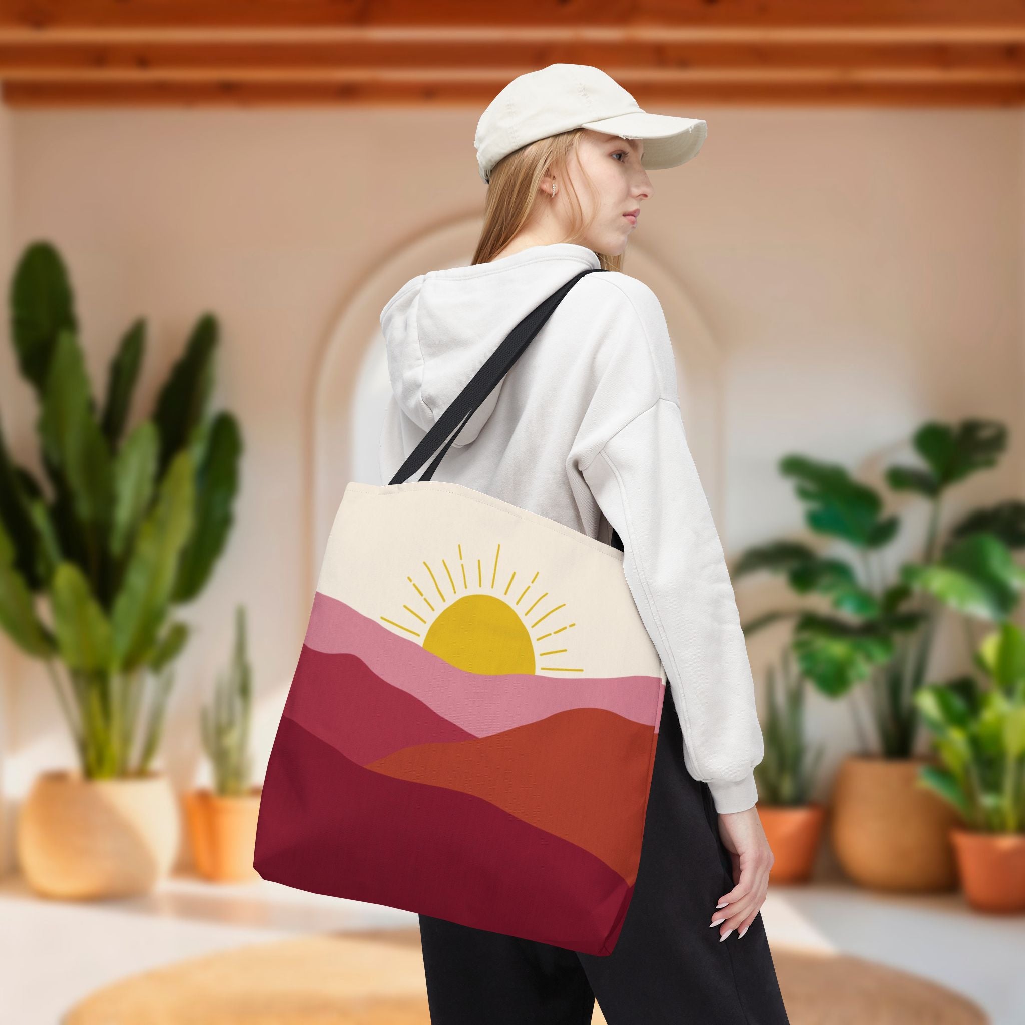 Boho Mountain Sunrise Tote Bag — Abstract Pink & Yellow