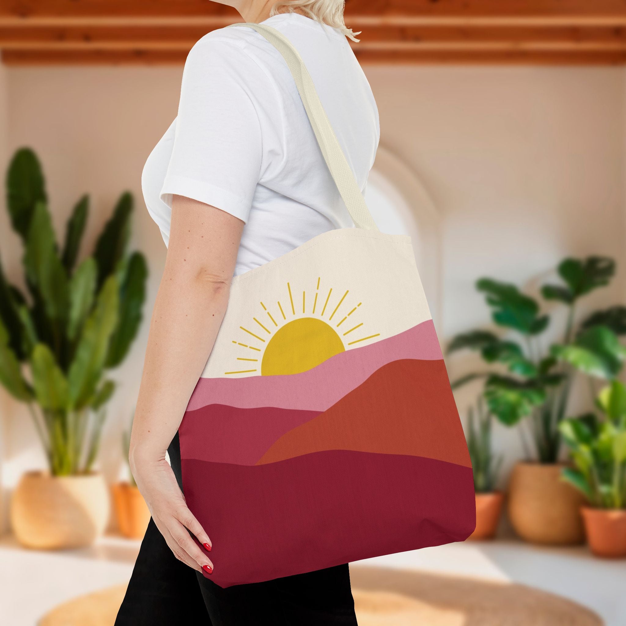 Boho Mountain Sunrise Tote Bag | Abstract Pink & Yellow