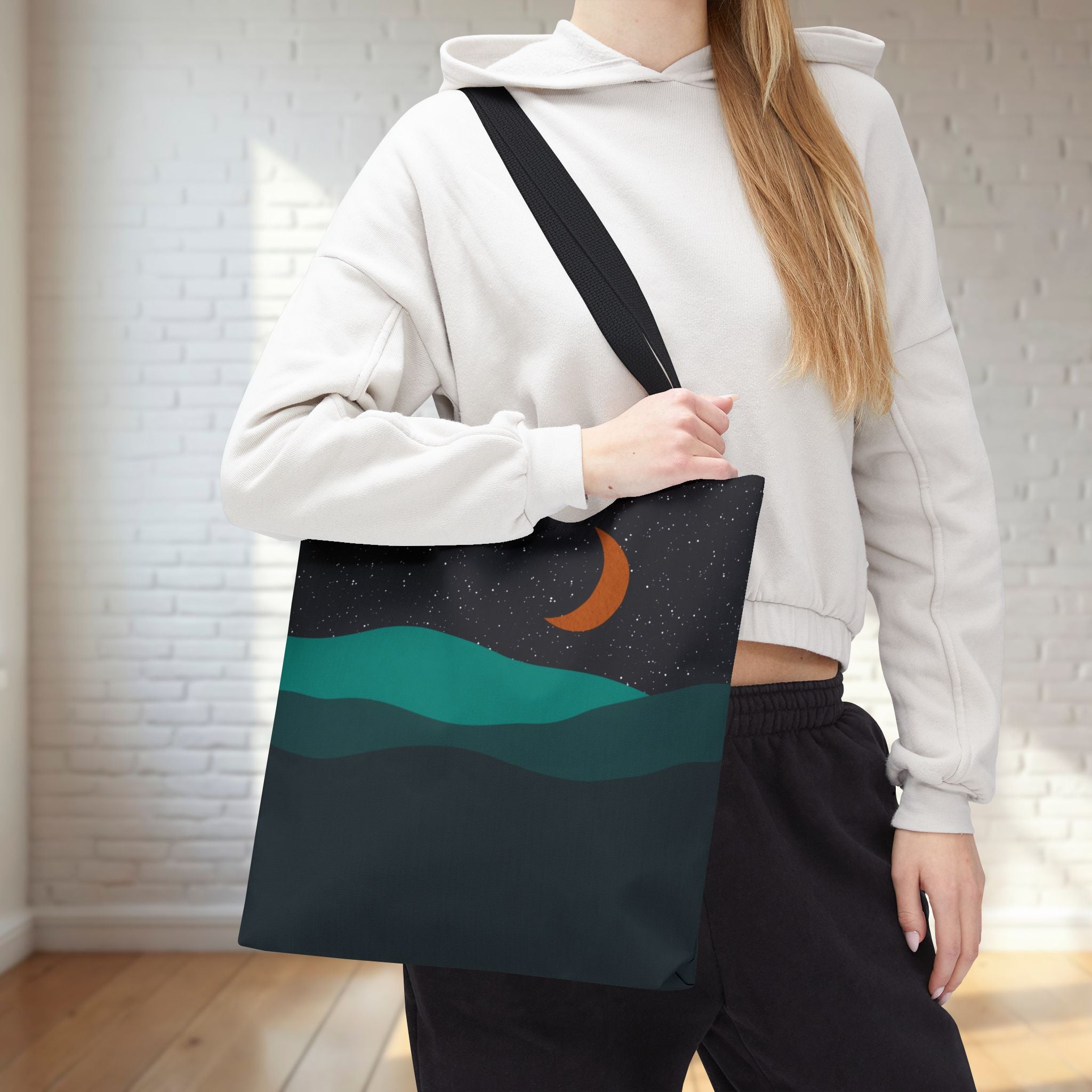 Mountain Desert Crescent Moon Tote Bag | Orange and Teal