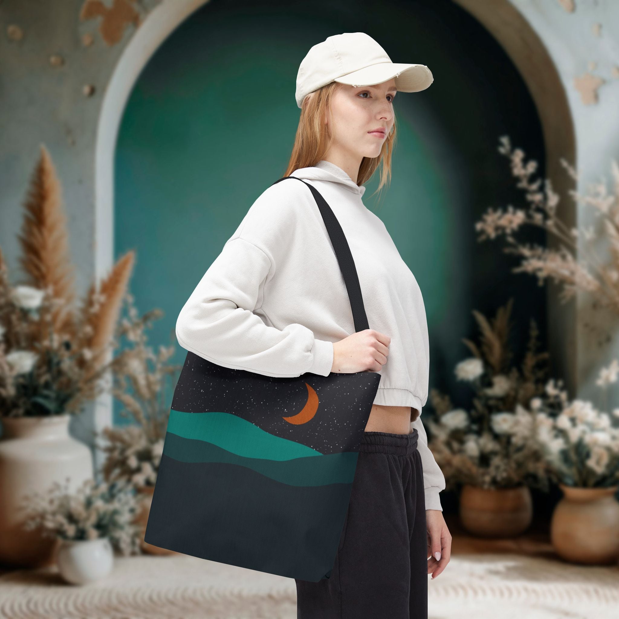 Mountain Desert Crescent Moon Tote Bag | Orange and Teal