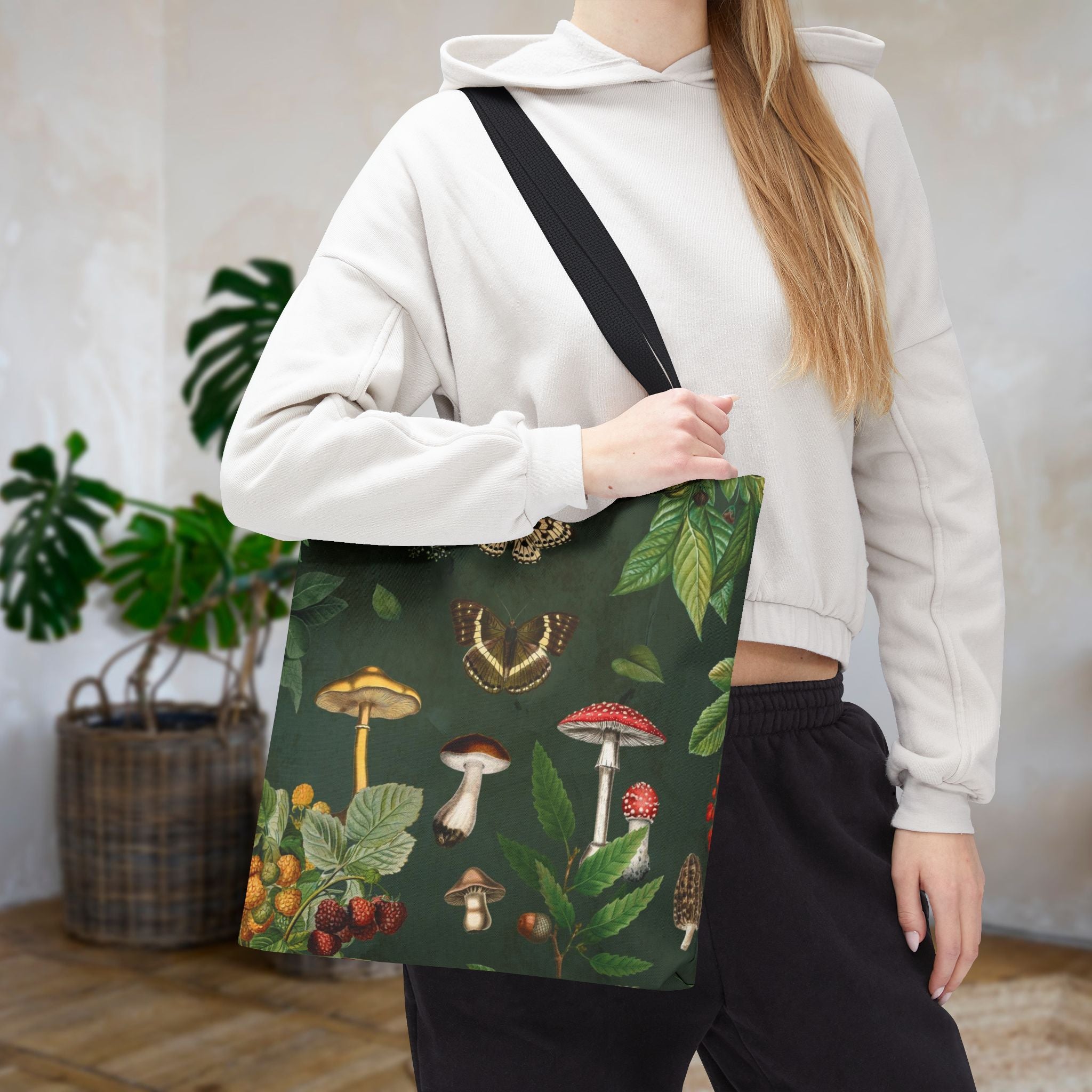 Cottagecore Mushroom Tote Bag | Butterflies, Moths & Berries on Dark Green