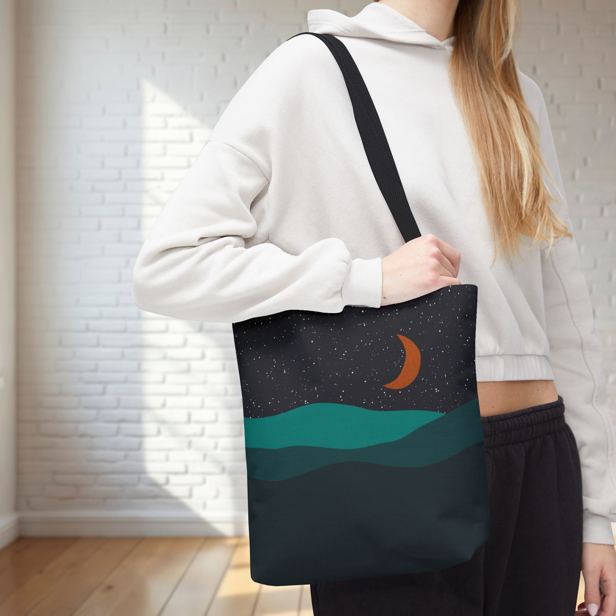 Mountain Desert Crescent Moon Tote Bag | Orange and Teal