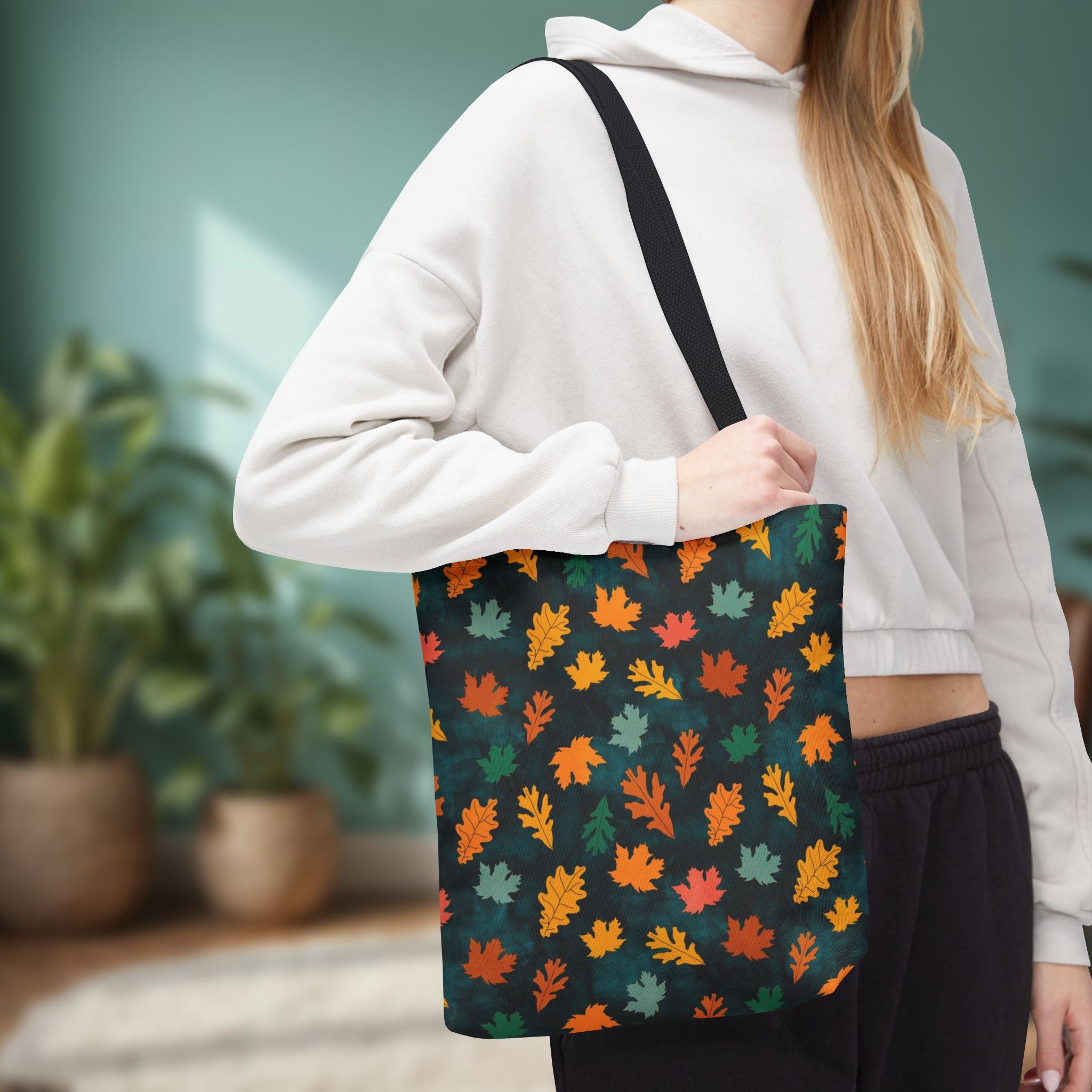 Teal Fall Leaves Tote Bag | Autumn Leaf Pattern