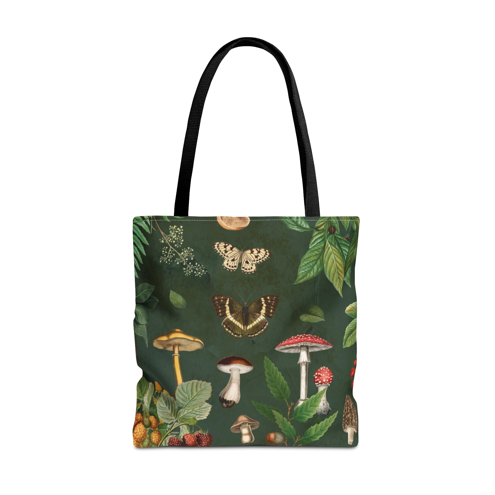 Cottagecore Mushroom Tote Bag | Butterflies, Moths & Berries on Dark Green