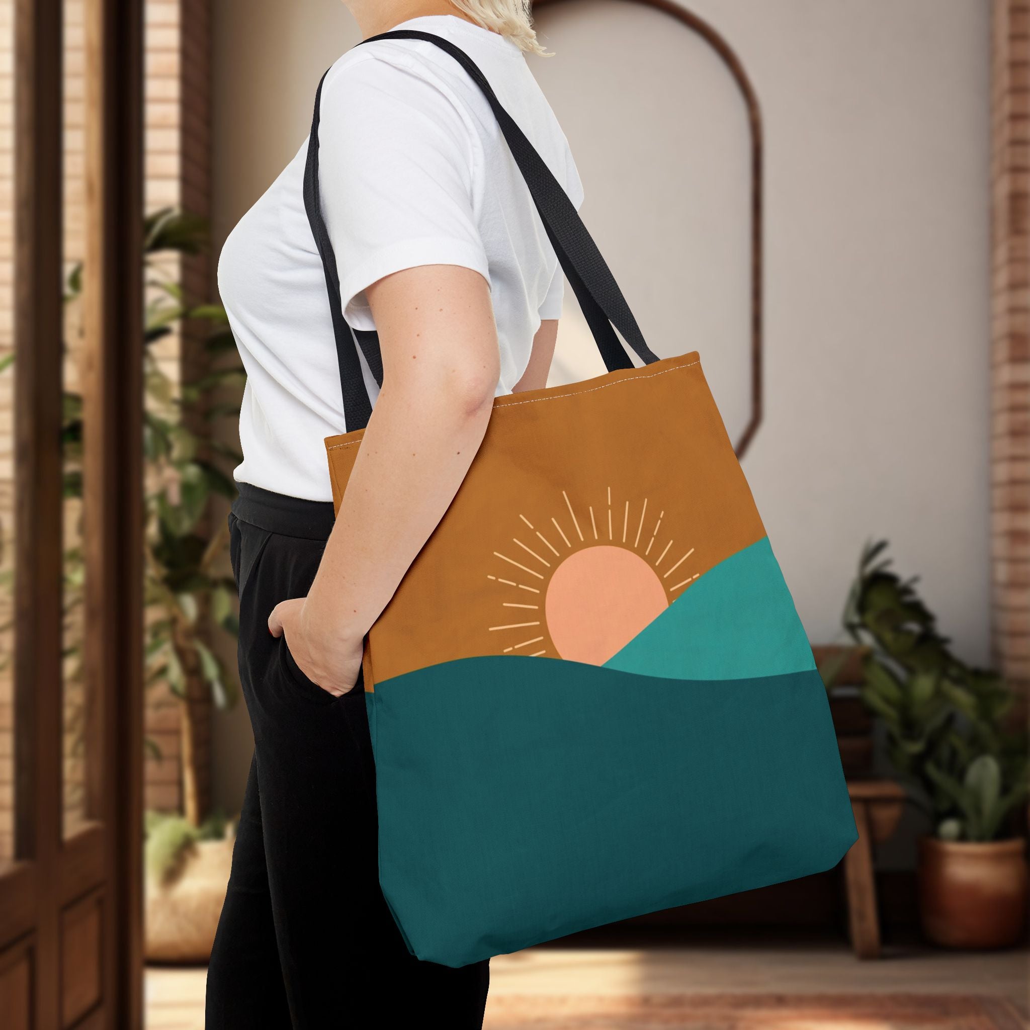 Boho Desert Tote Bag - Mustard & Teal Abstract Print