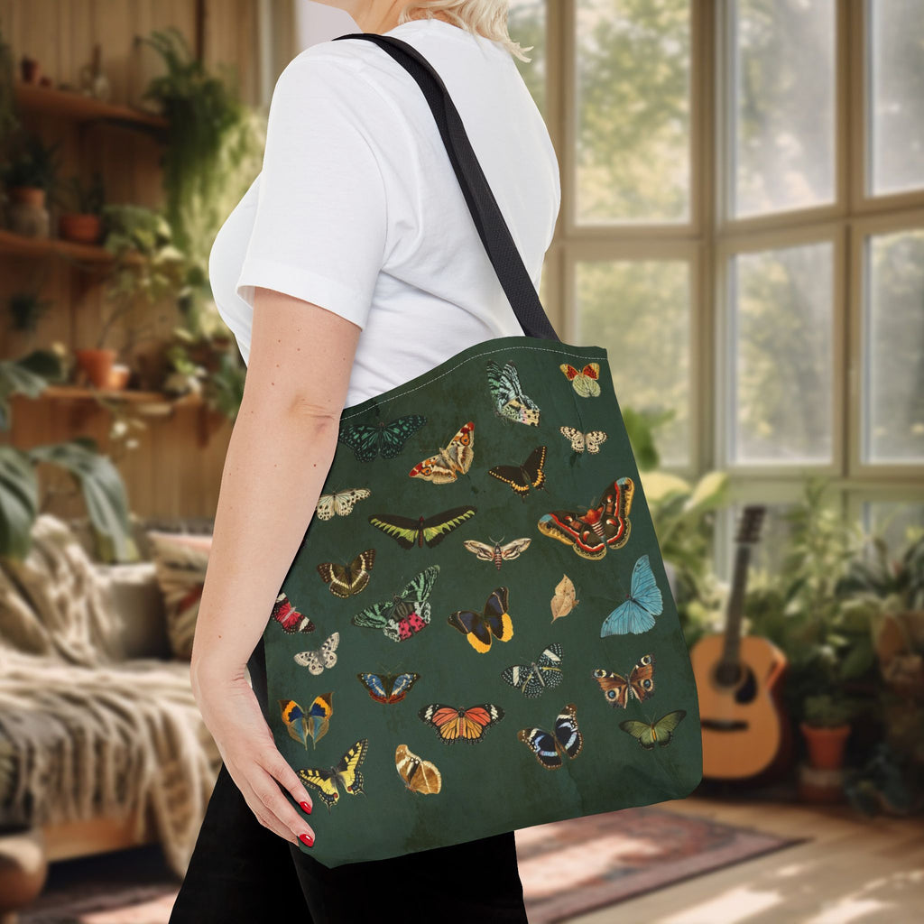 Butterfly and Moth Dark Olive Green Tote Bag