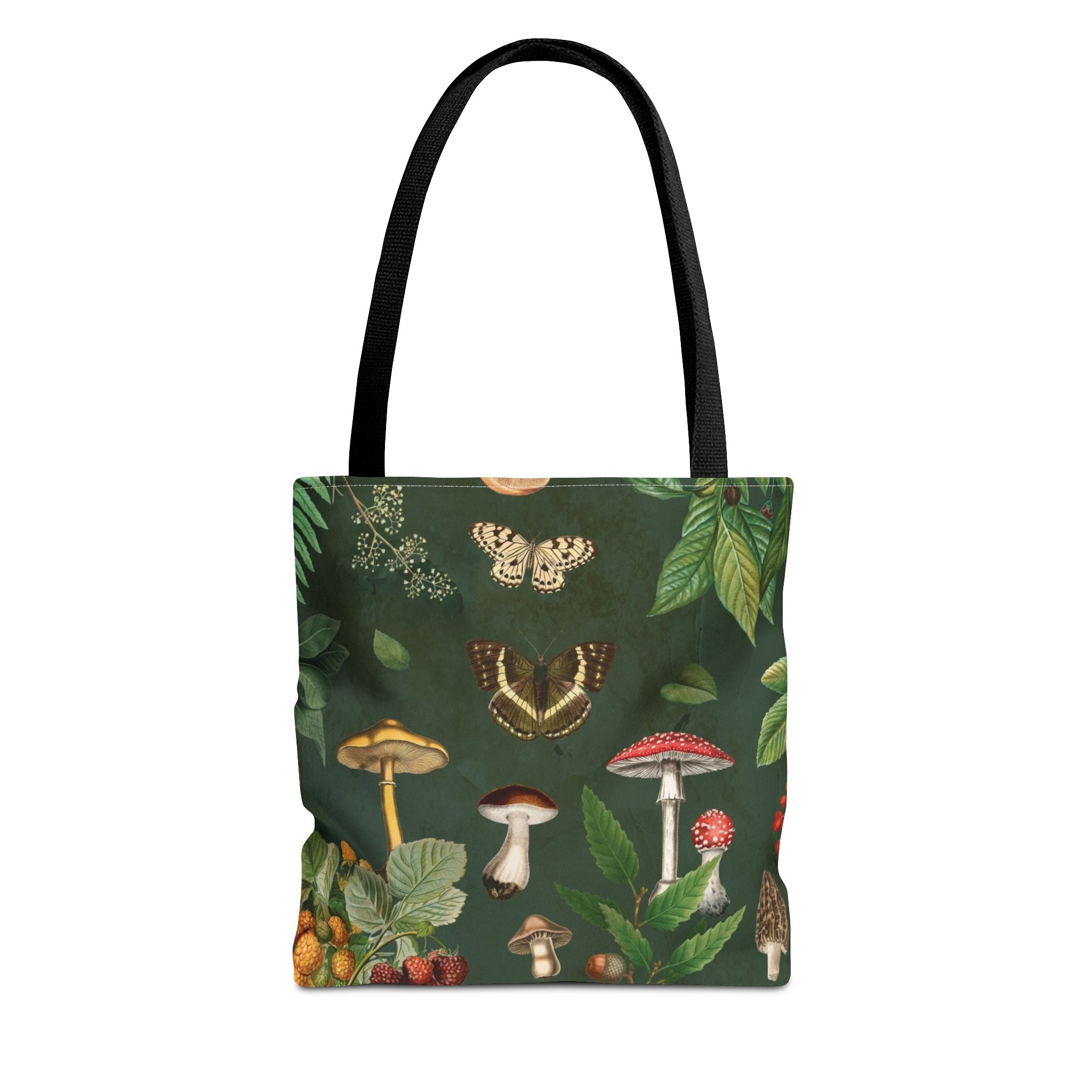 Cottagecore Mushroom Tote Bag | Butterflies, Moths & Berries on Dark Green