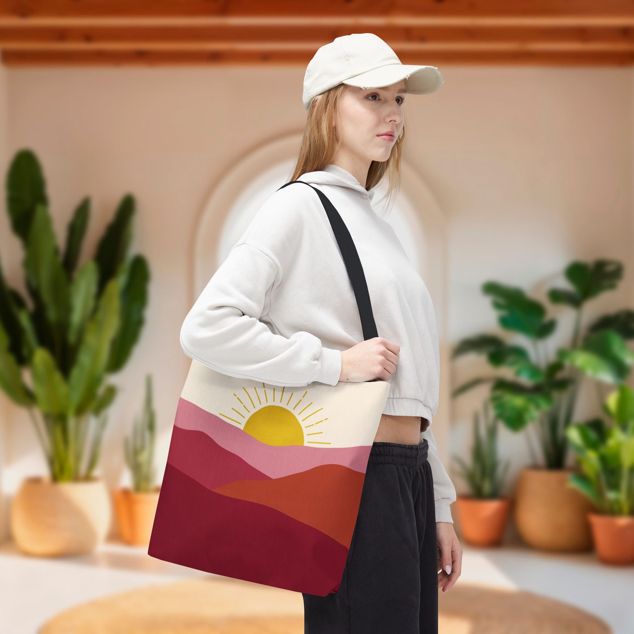 Boho Mountain Sunrise Tote Bag | Abstract Pink & Yellow