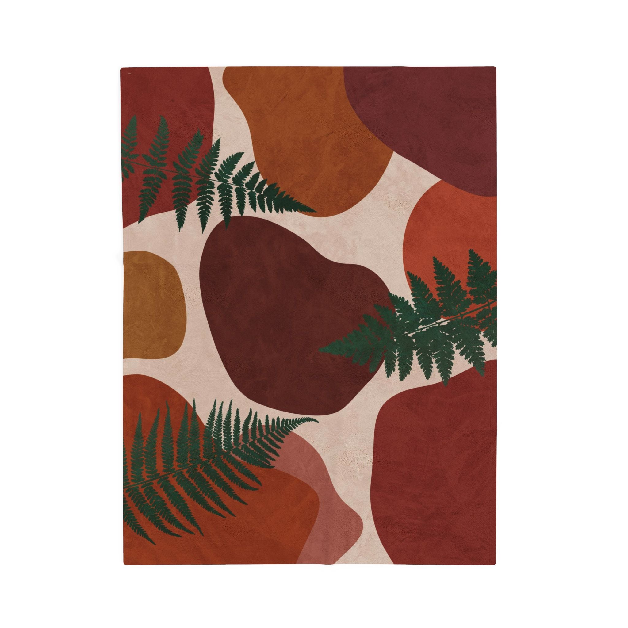 Abstract rust and cream velveteen plush blanket with green fern leaf design