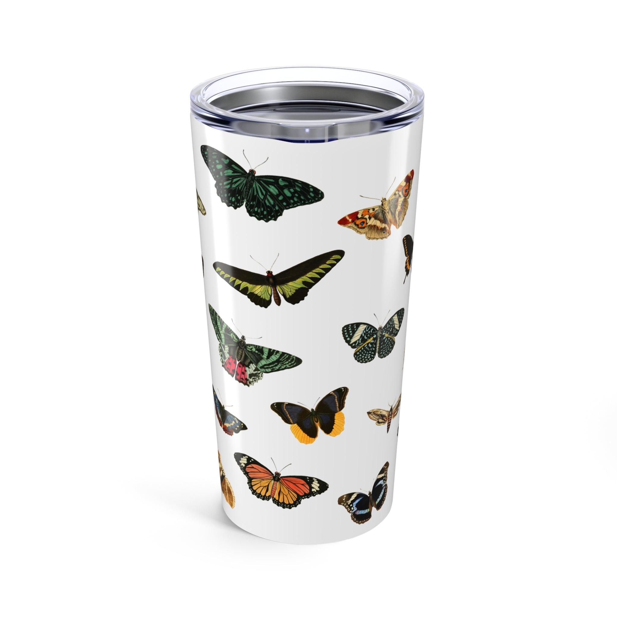 Tumbler with butterfly design on a white background