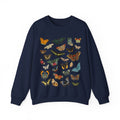Navy blue sweatshirt with colorful butterfly patterns on a white background