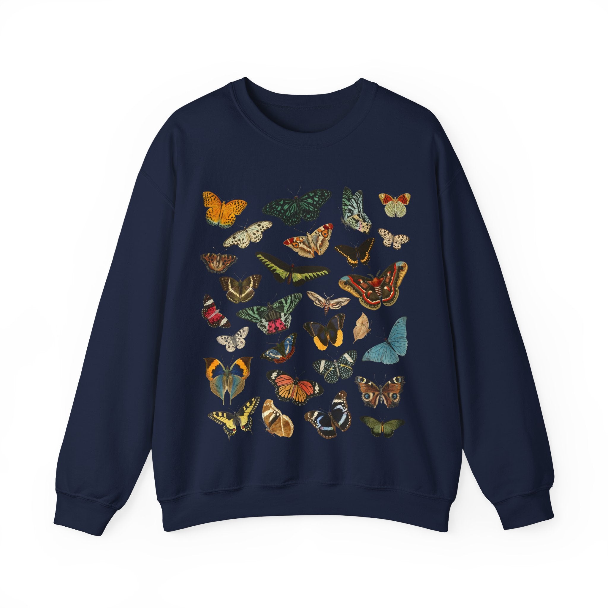 Navy blue sweatshirt with colorful butterfly patterns on a white background