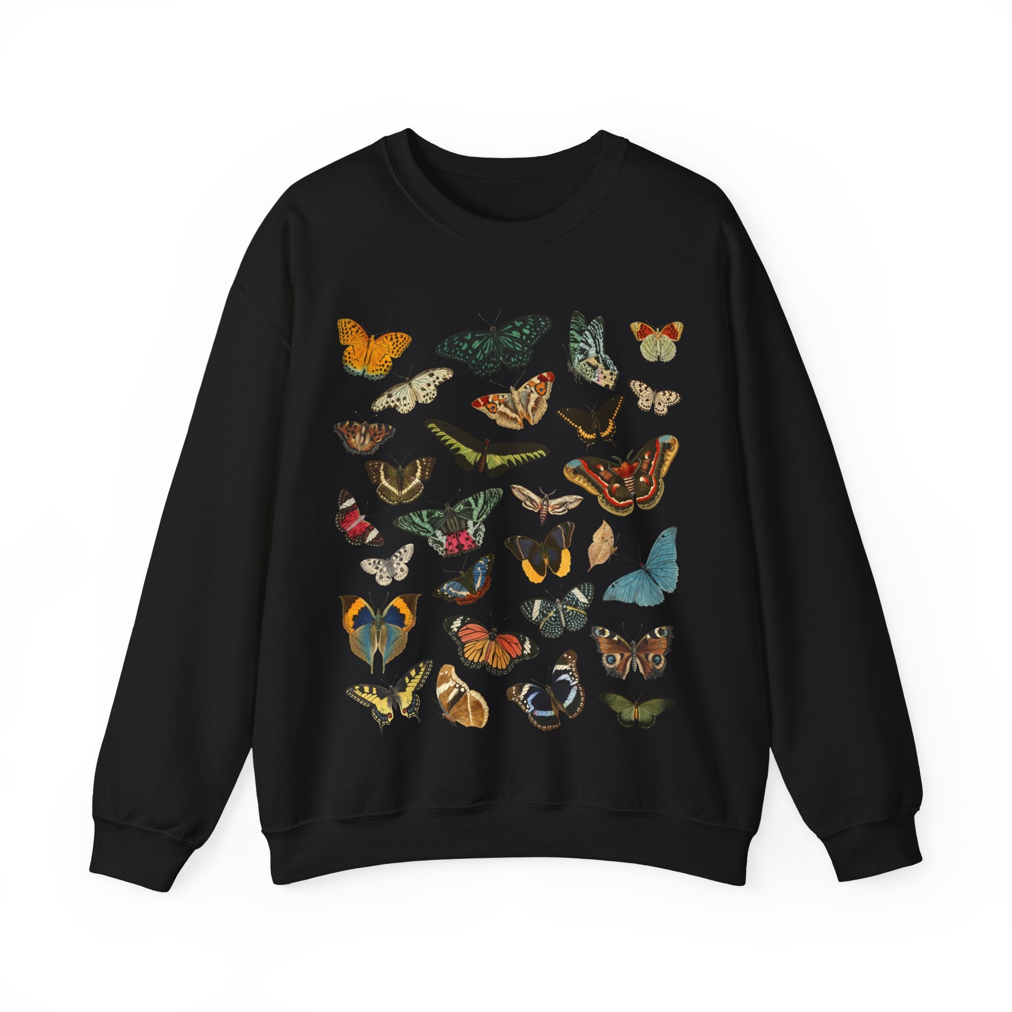 Black sweatshirt with colorful butterfly designs on a white background