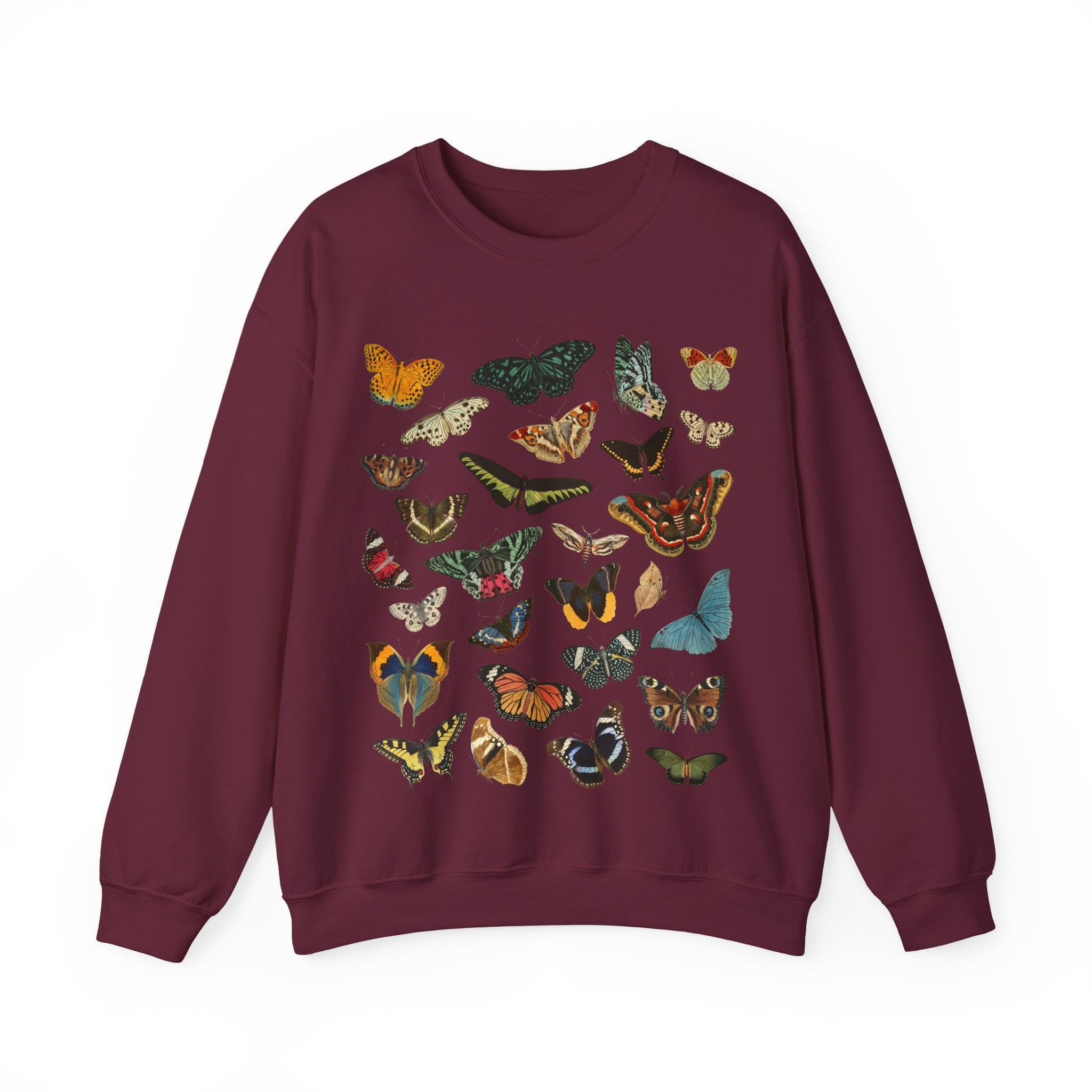 Maroon sweatshirt with colorful butterfly patterns on a white background