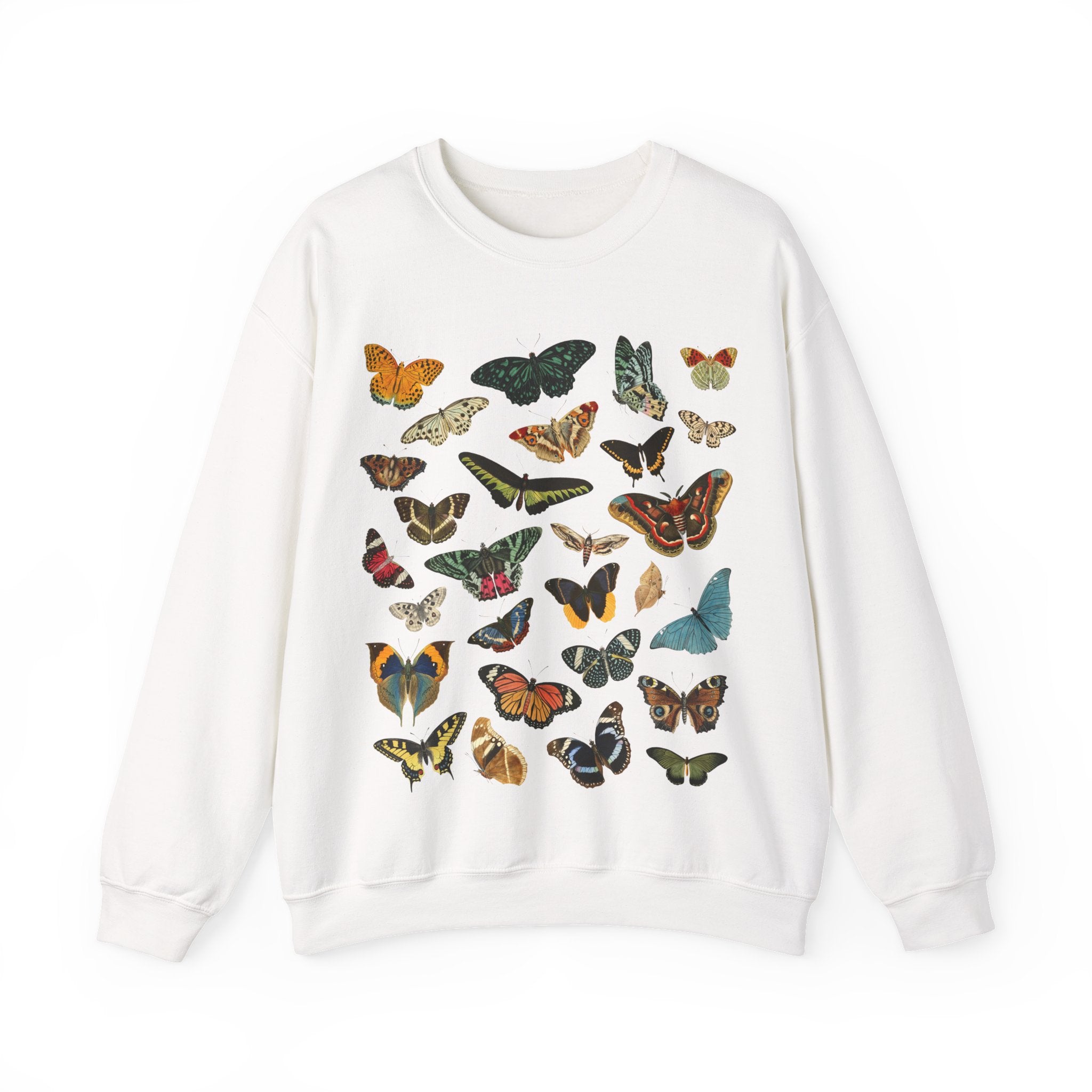 White sweatshirt with colorful butterfly & moth pattern on a white background
