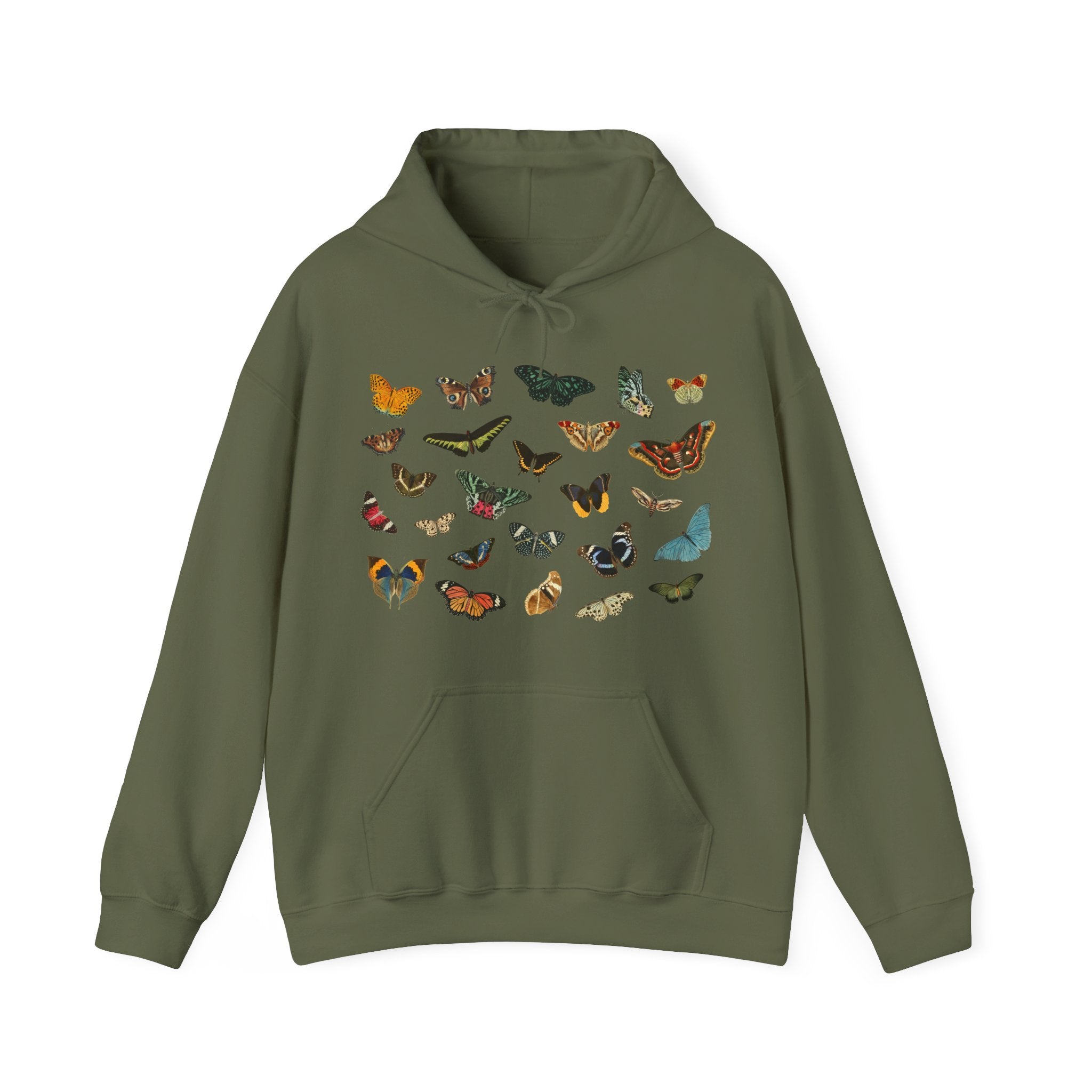 Military Green Hooded Sweatshirt with Butterfly & Moth printed on a white background