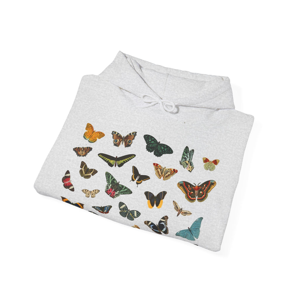 Folded hoodie with butterfly pattern on a white background, Gildan Hooded Sweatshirt in Ash.