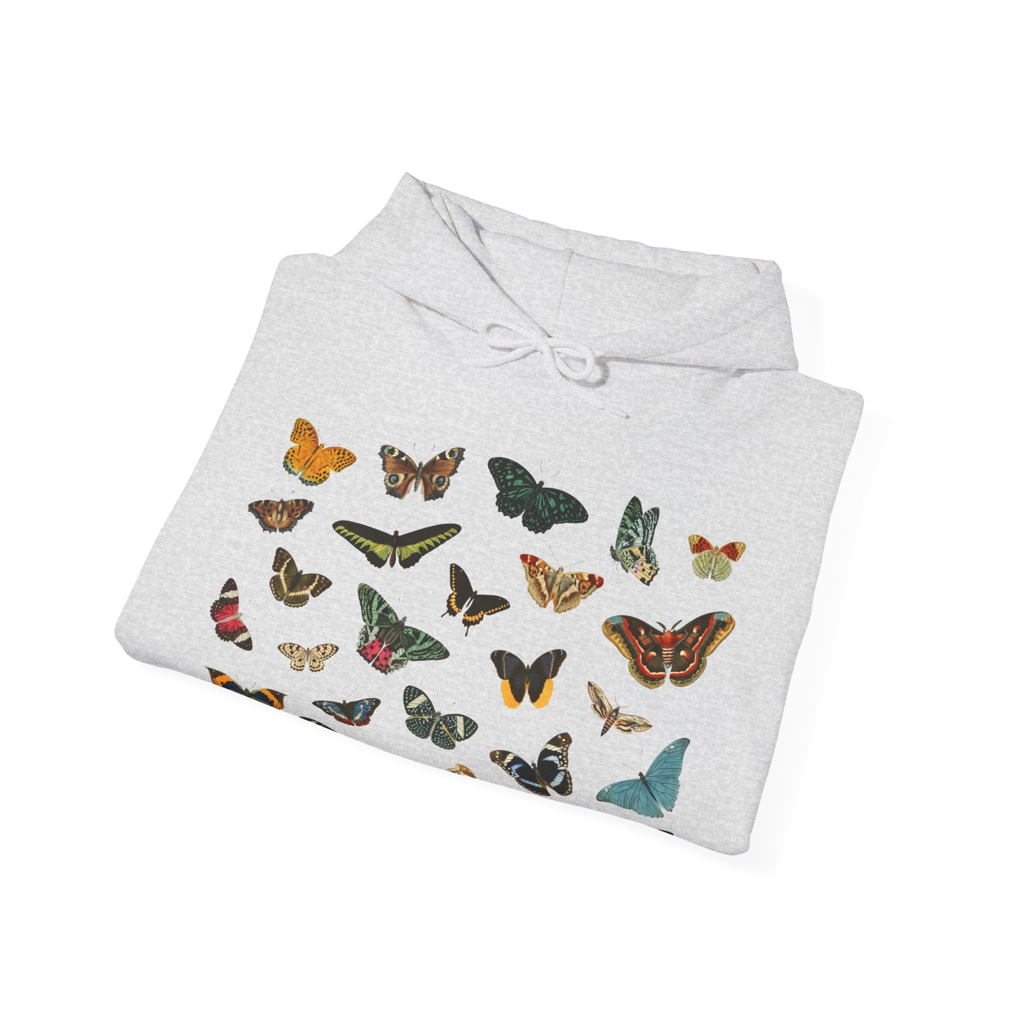 Folded hoodie with butterfly pattern on a white background, Gildan Hooded Sweatshirt in Ash.