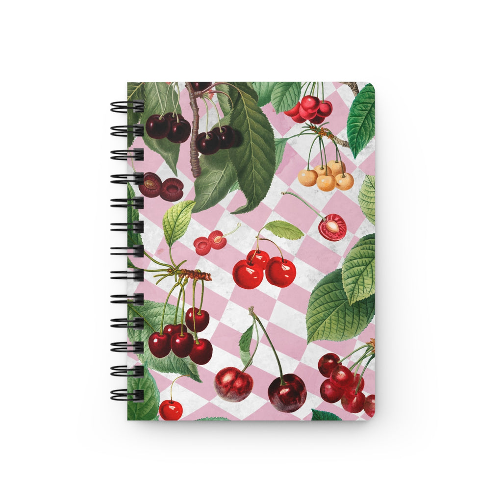 cherry spiral journal with a pink checkered background