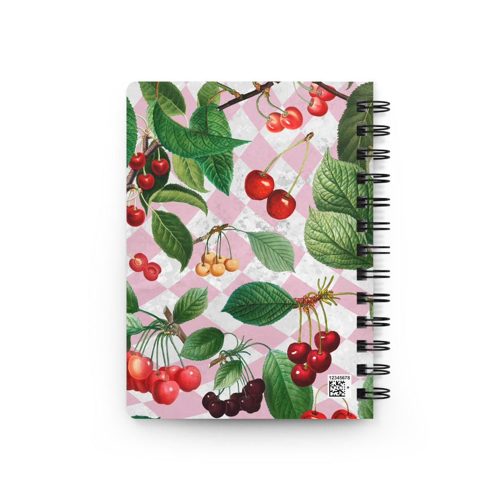 Notebook with cherry and leaf pattern on a white background