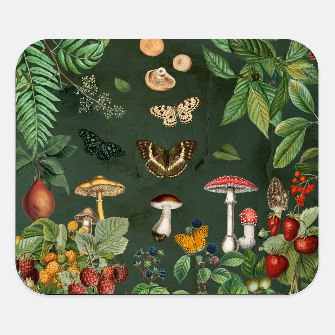 Decorative mouse pad with nature-themed design including mushrooms, butterflies, and leaves.