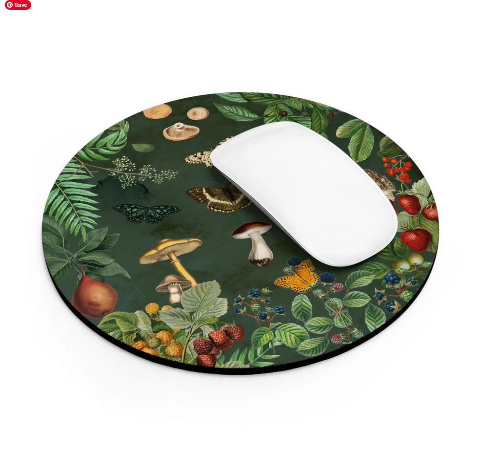 Round mouse pad with nature-themed design featuring mushrooms, leaves, and fruits on a green background.